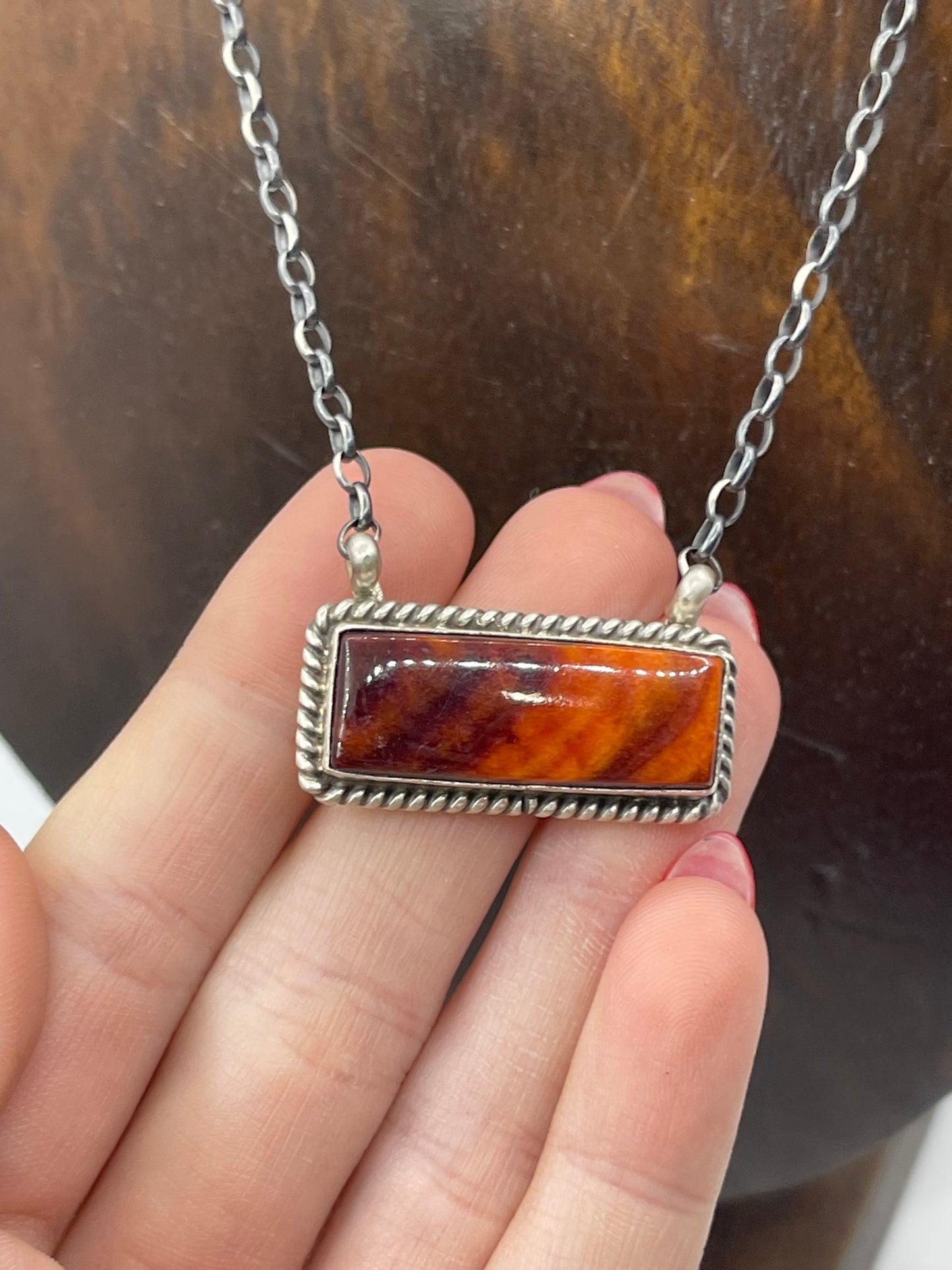 16" Dark Orange Spiny Oyster Shell Bar Necklace by Johnny Dixon, Navajo