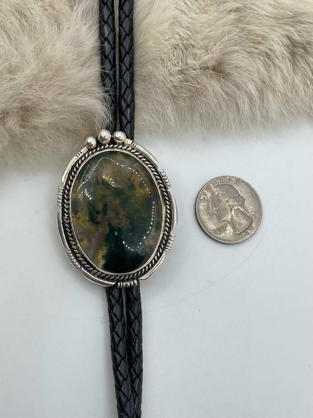 Moss Agate Bolo Tie by Joelias Draper, Navajo