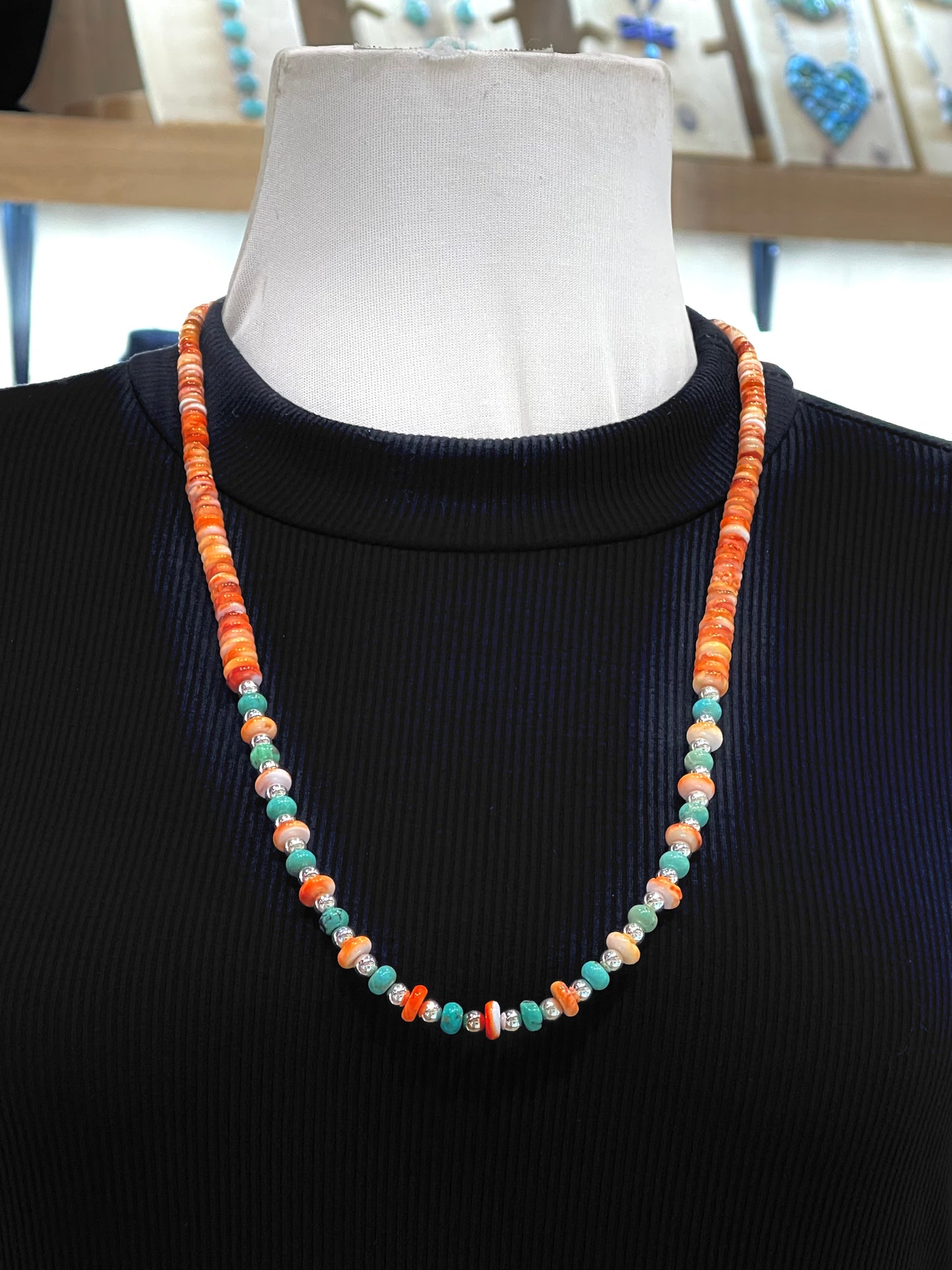 26" Orange Spiny Oyster Graduated With Green Turquoise & Navajo Style Pearls Necklace