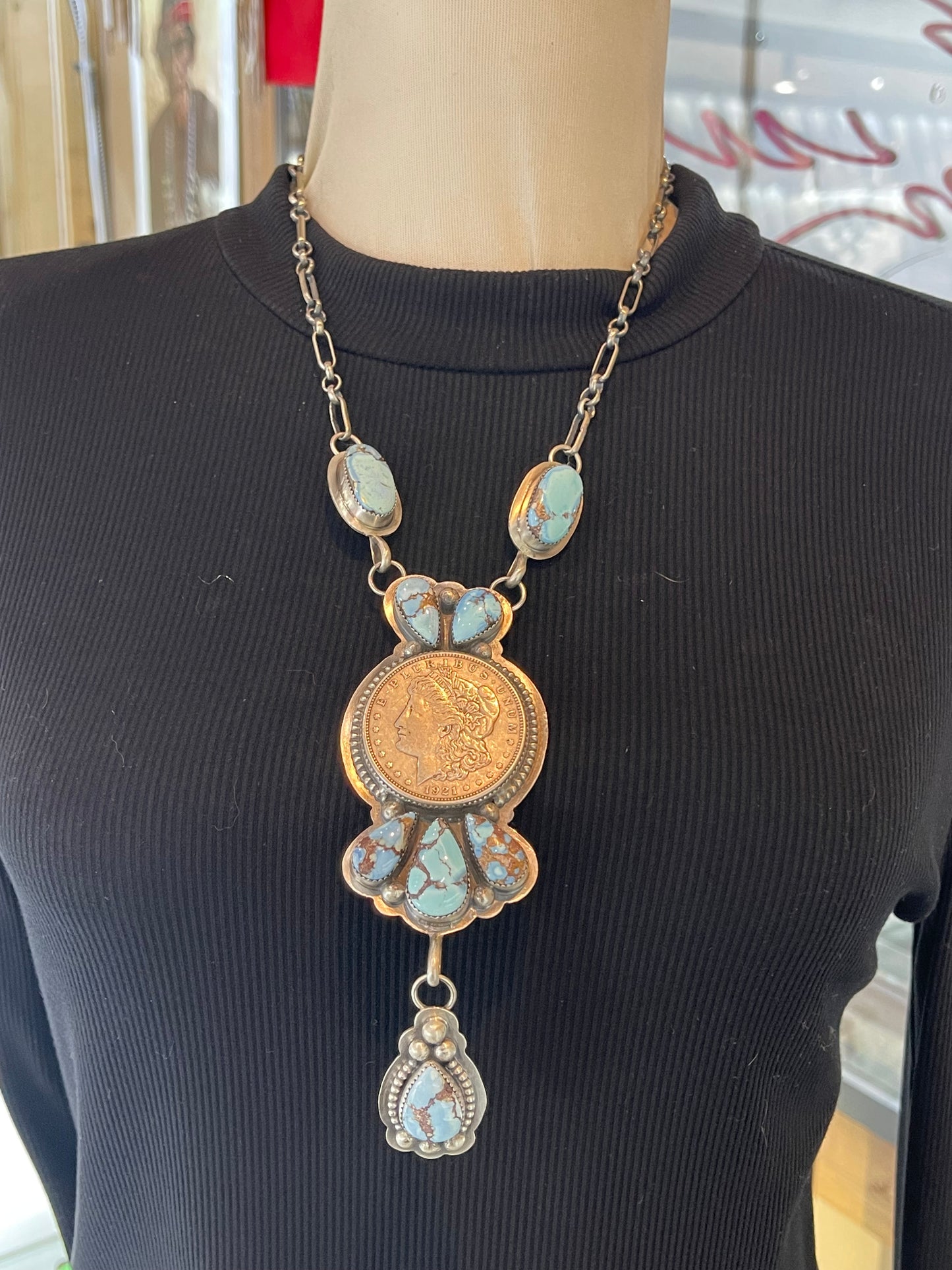 Golden Hills Turquoise Necklace w/ 1921 Morgan Silver Dollar by Delbert Secatero, Navajo
