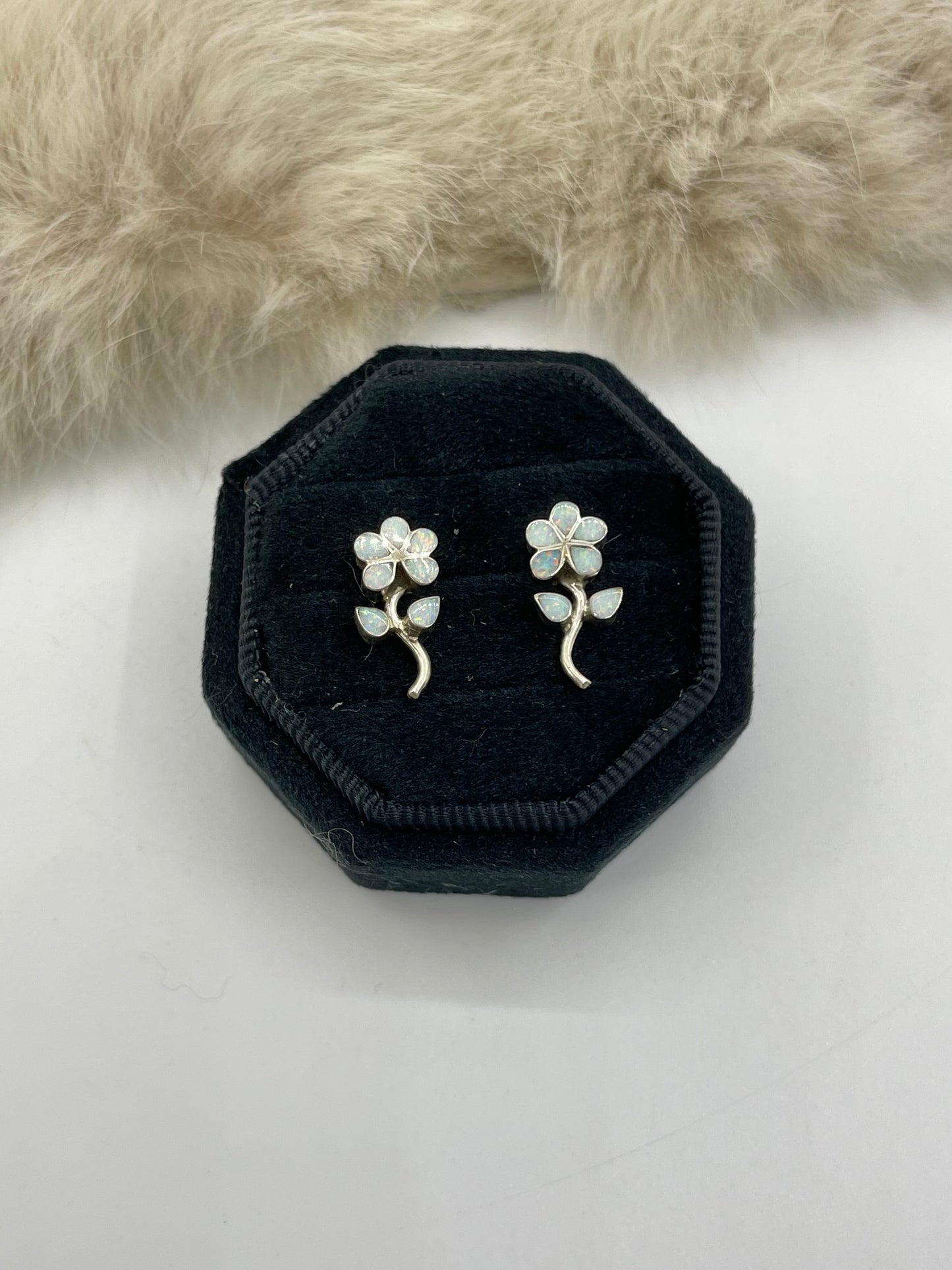 White Opal Flower Earrings by Donna Lasiloo, Zuni