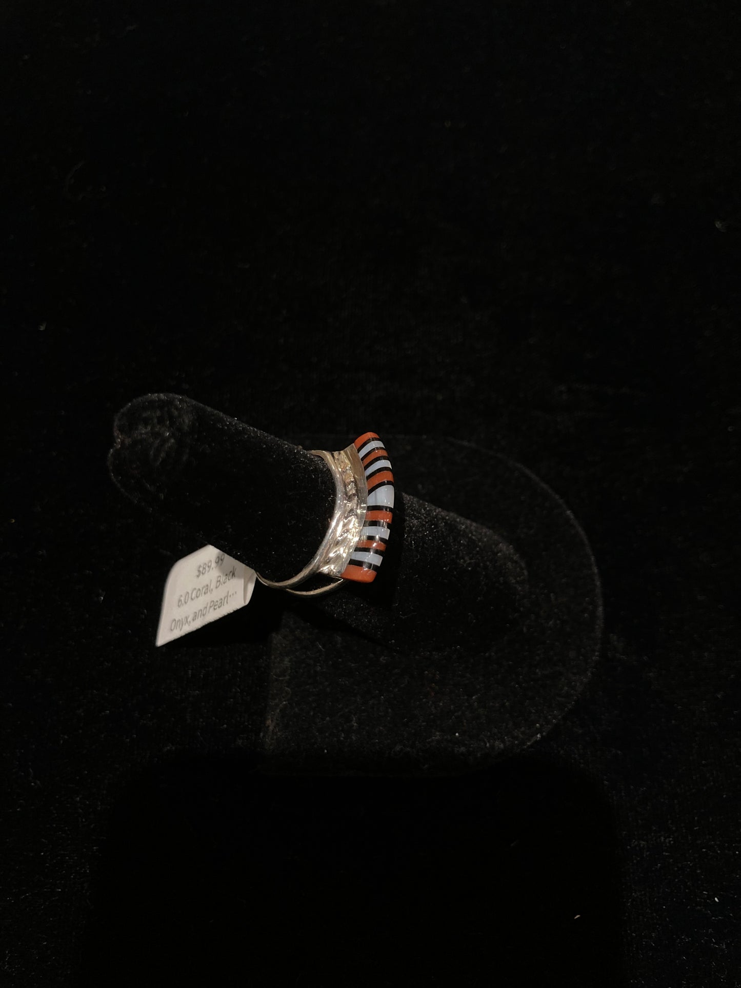 6.0 Coral, Black Onyx, and Pearl Ring by Victor Martza, Zuni