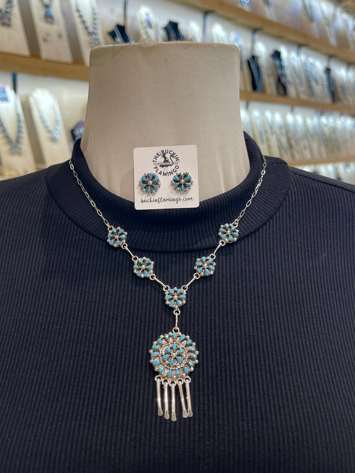 18" Petit Point Turquoise Cluster Necklace & Earring Set by Tricia Leekity, Zuni