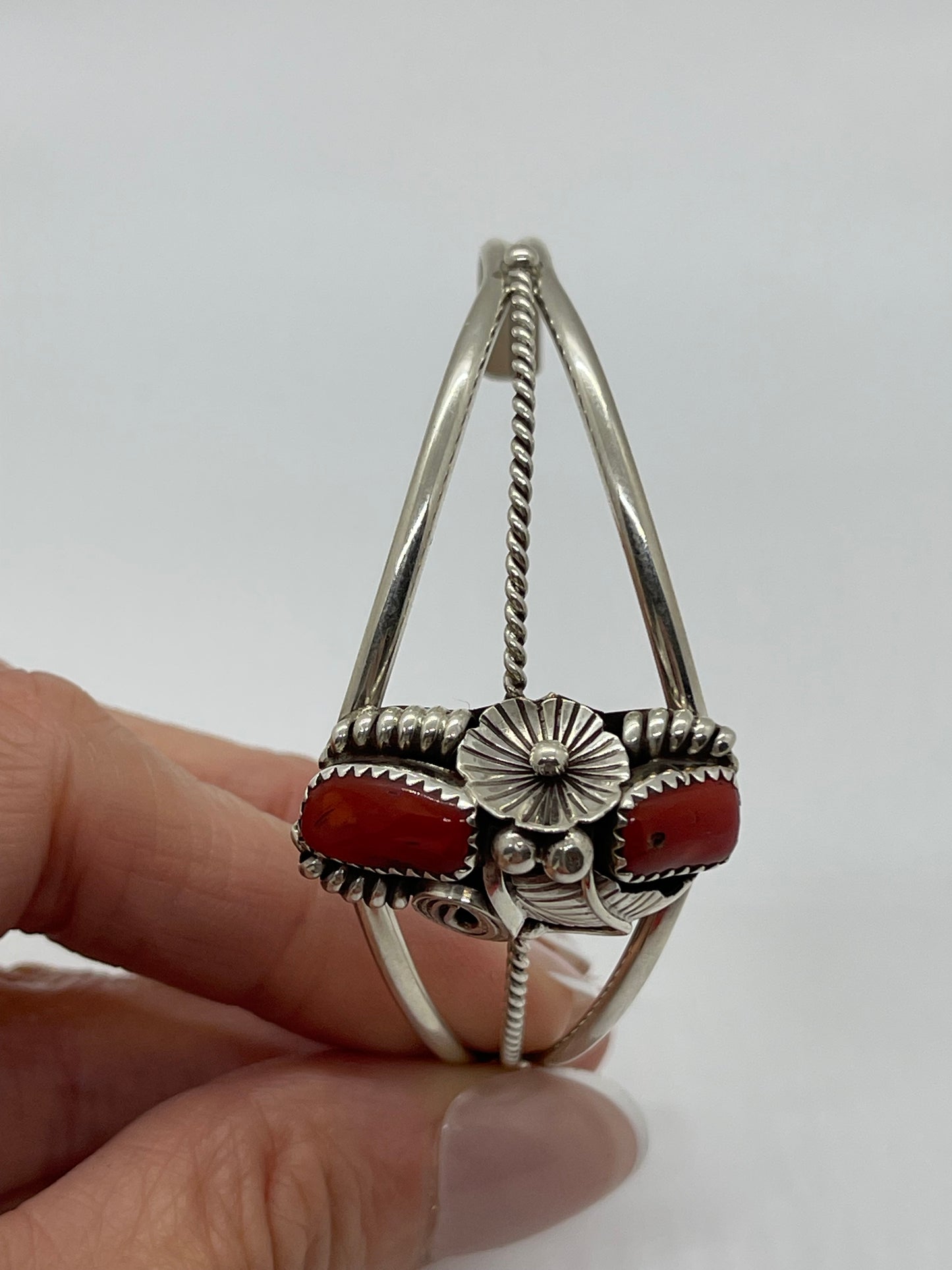 5.5"- 7" Red Coral Cuff by Max Calladitto, Navajo