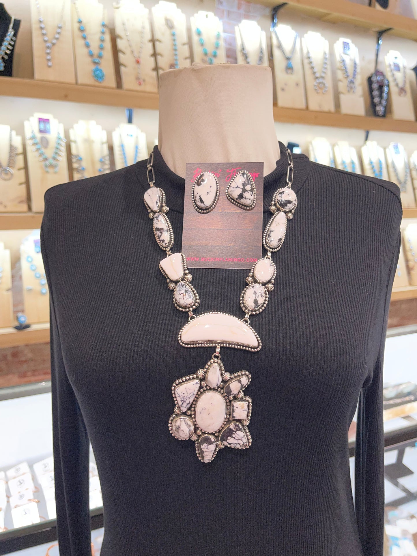 22”+4.5” White Buffalo Cluster Necklace & Earring Set by Mary Ellen Pease, Navajo