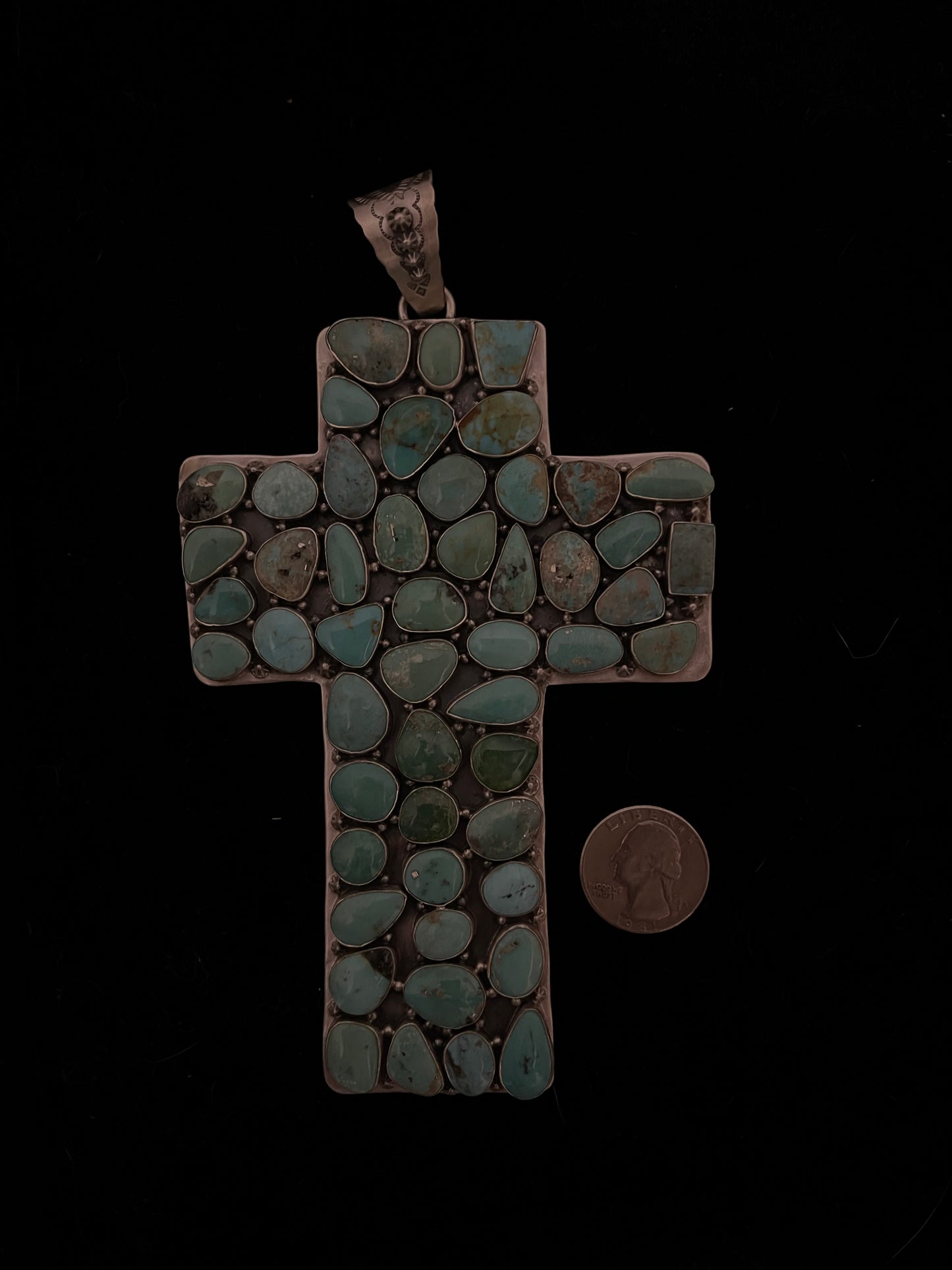 51 Stone Kingman Turquoise Cross Pendant with a 13.5mm Bale by Zia