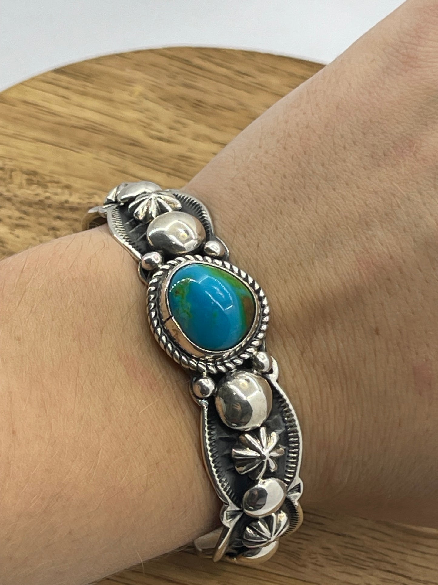 Sonoran Gold Turquoise Cuff With Amazing Silverwork by Roland Dixson, Navajo