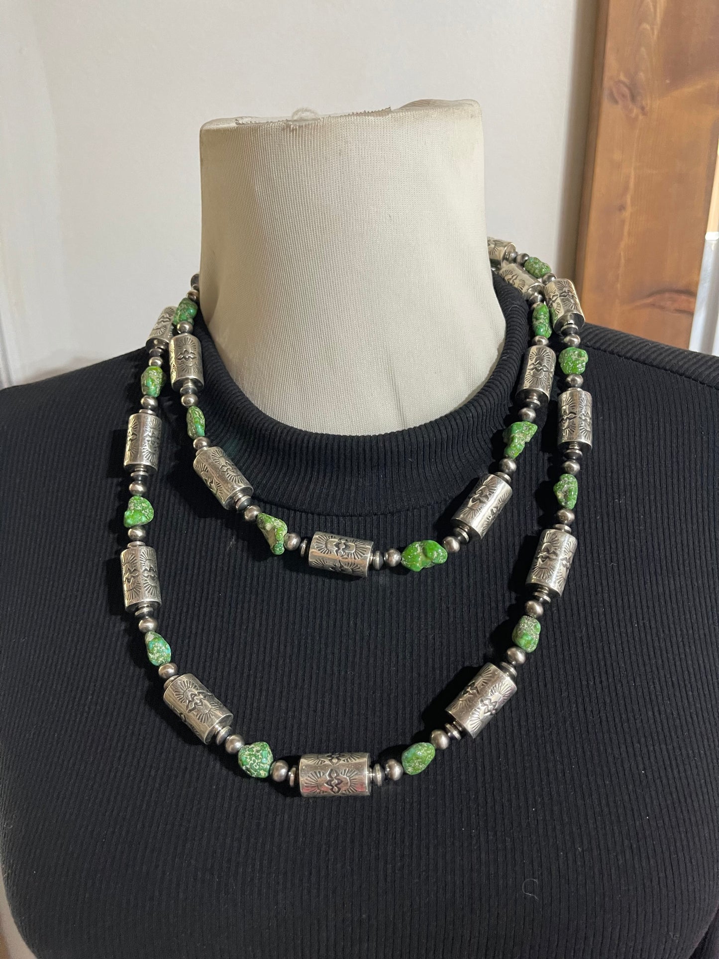 44'' Stamped Navajo Style Barrel Beads With Green Sonoran Gold Turquoise