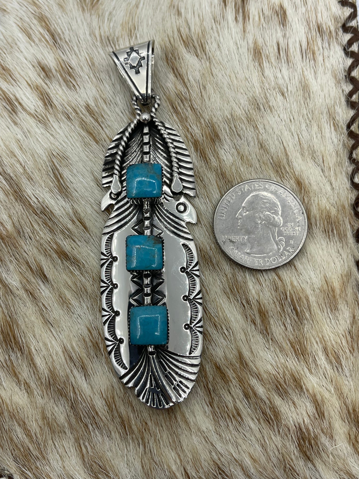 Stamped Feather Pendant with Turquoise Stones