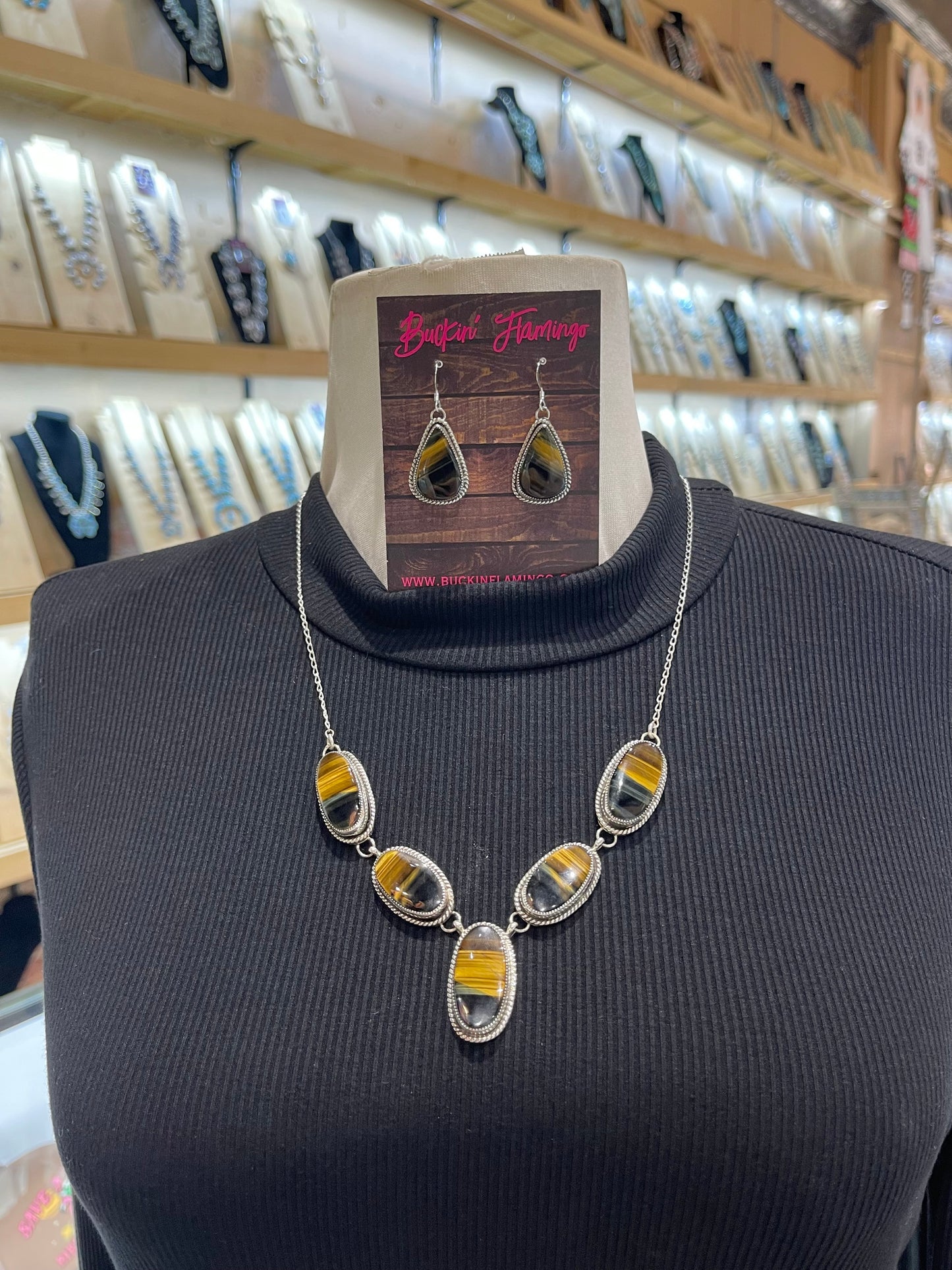 22' Tiger’s Eye Necklac end Earring Set by Joe Begay, Navajo