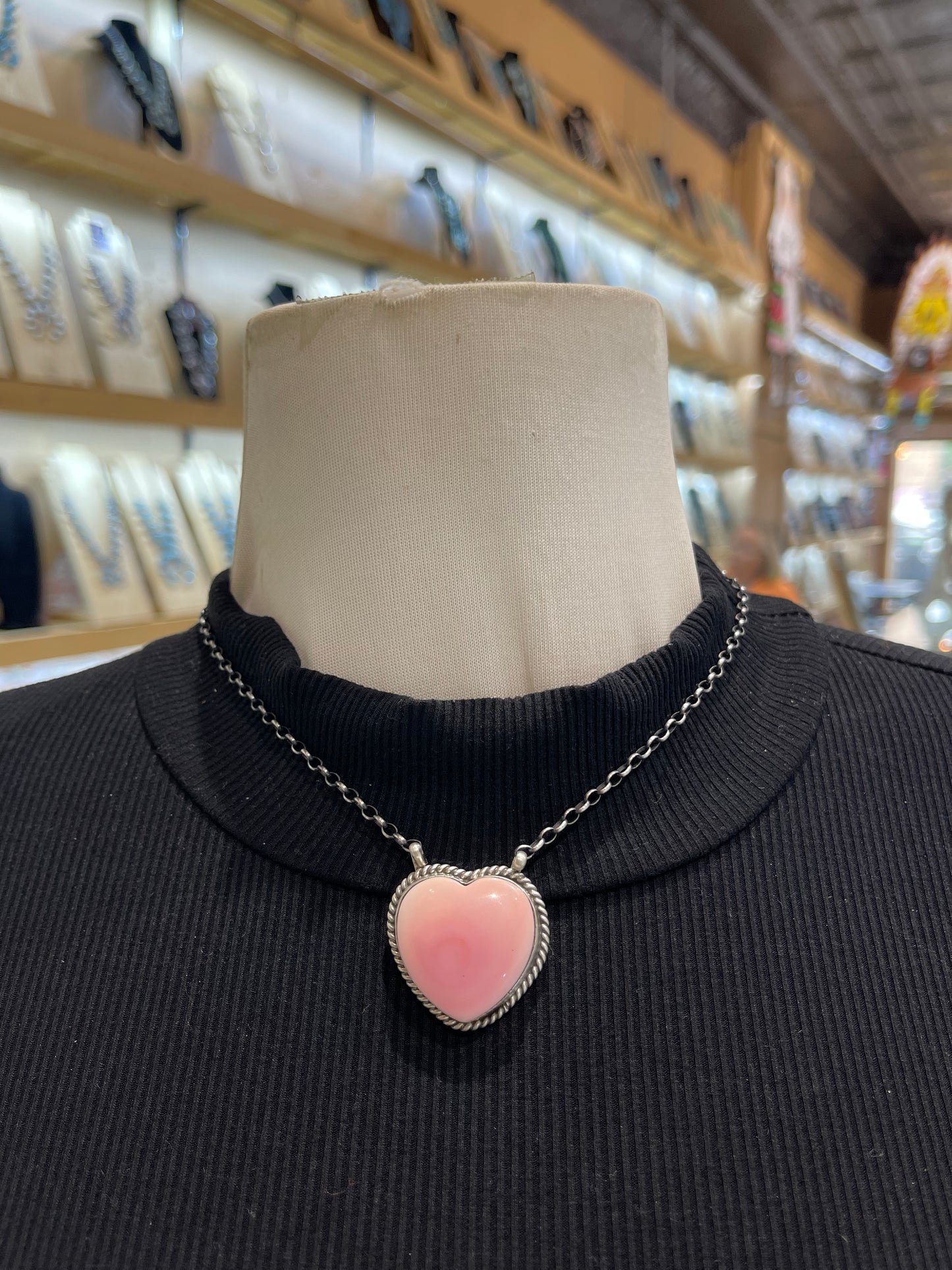 17" Pink Conch Shell Heart Necklace by Johnny Dixon, Navajo