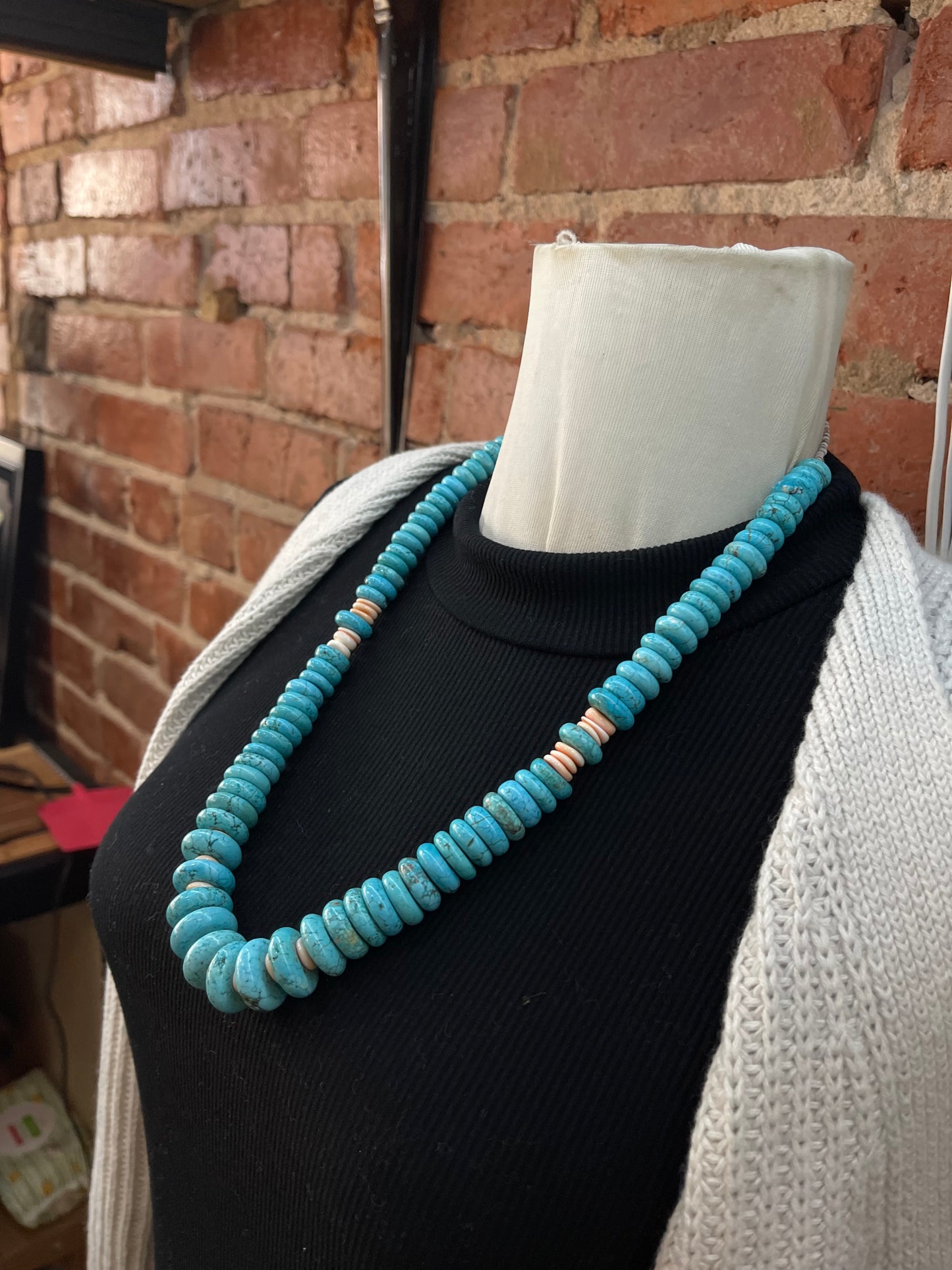 24" Vintage Blue Graduated Turquoise and Pink Conch Shell Necklace
