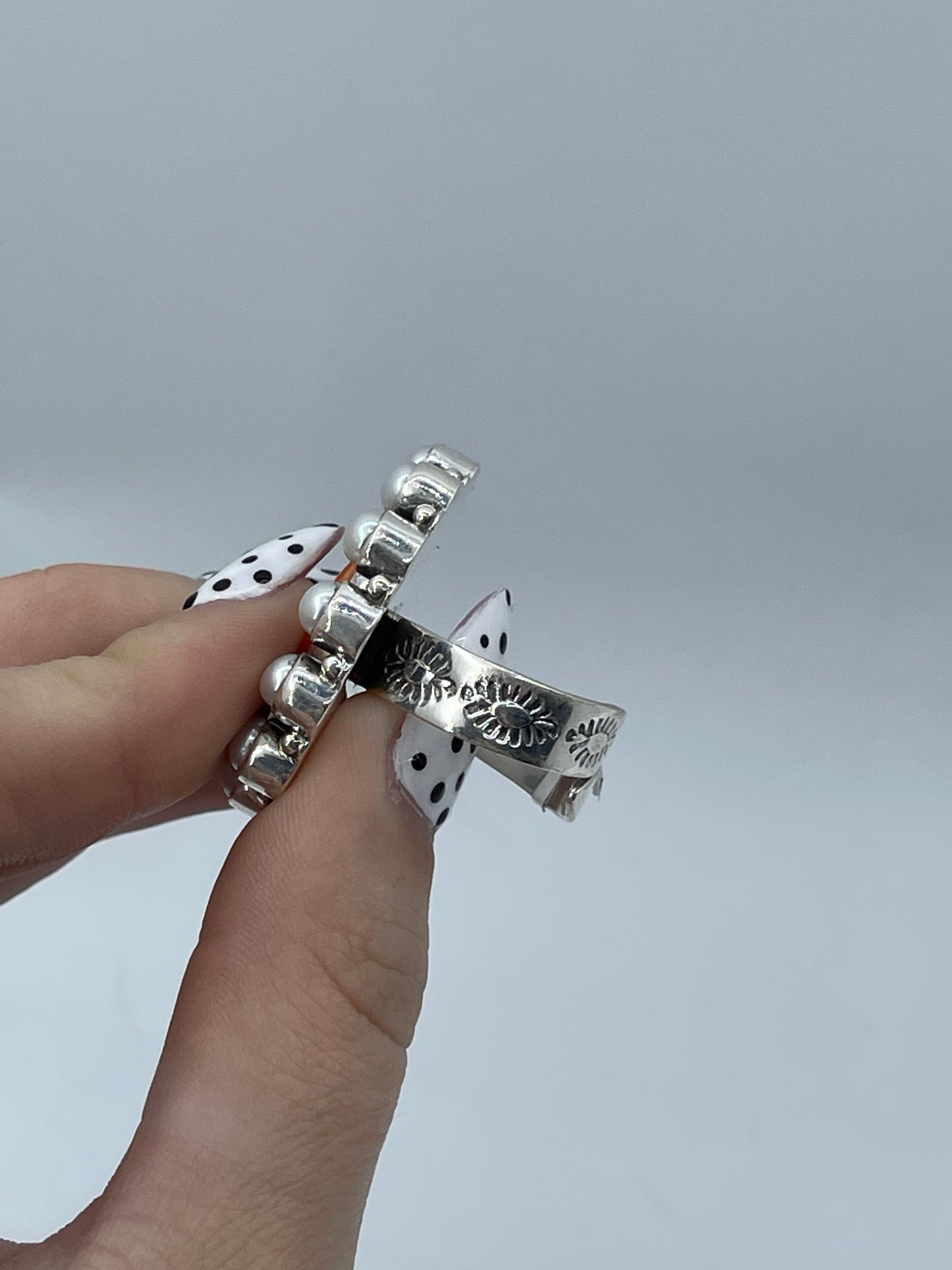 Orange Spiny Oyster and Freshwater Pearl Cluster Adjustable Ring