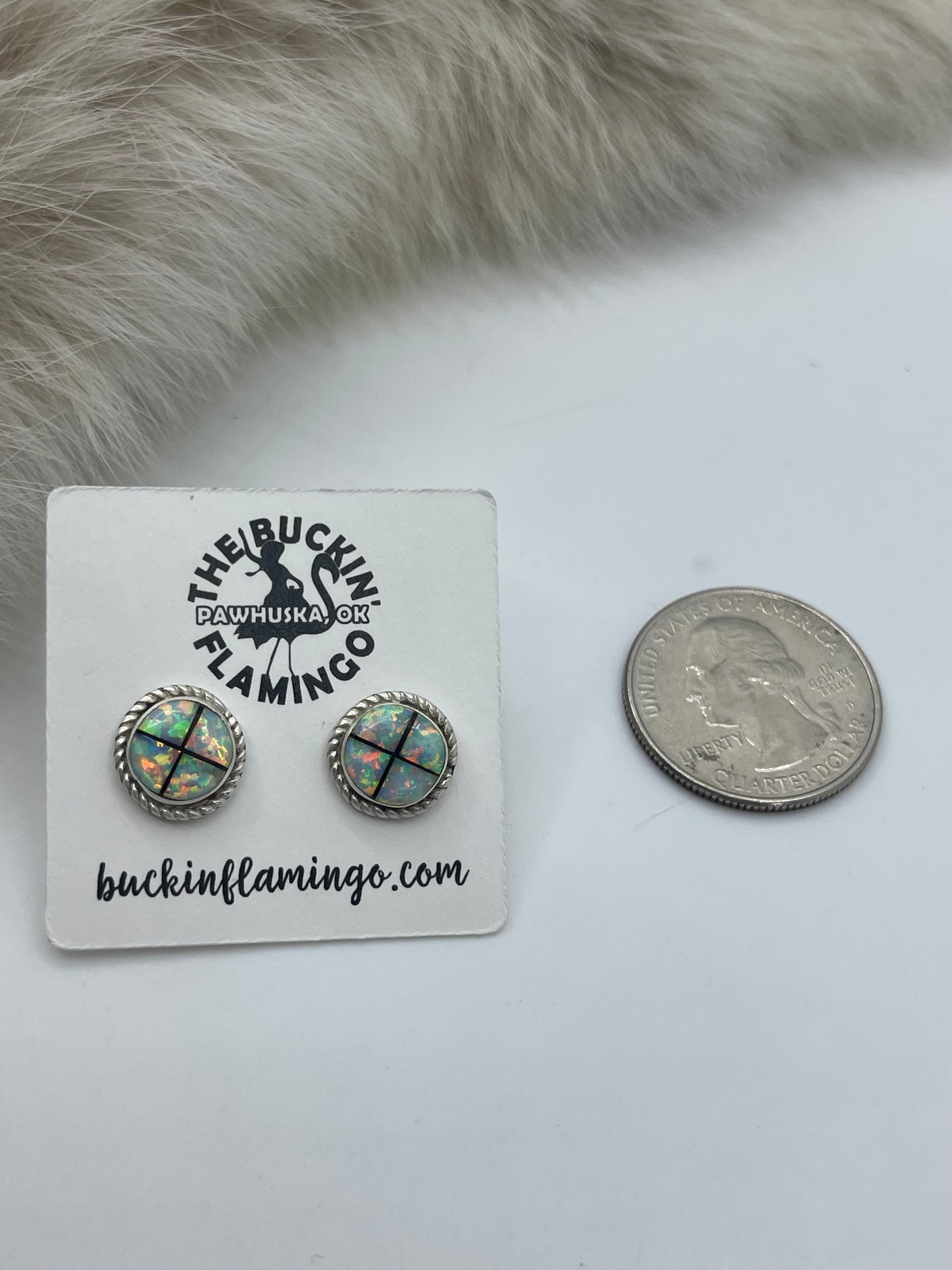 White Opal & Onyx Inlay Center Post Earrings by Carey Luarkie, Zuni