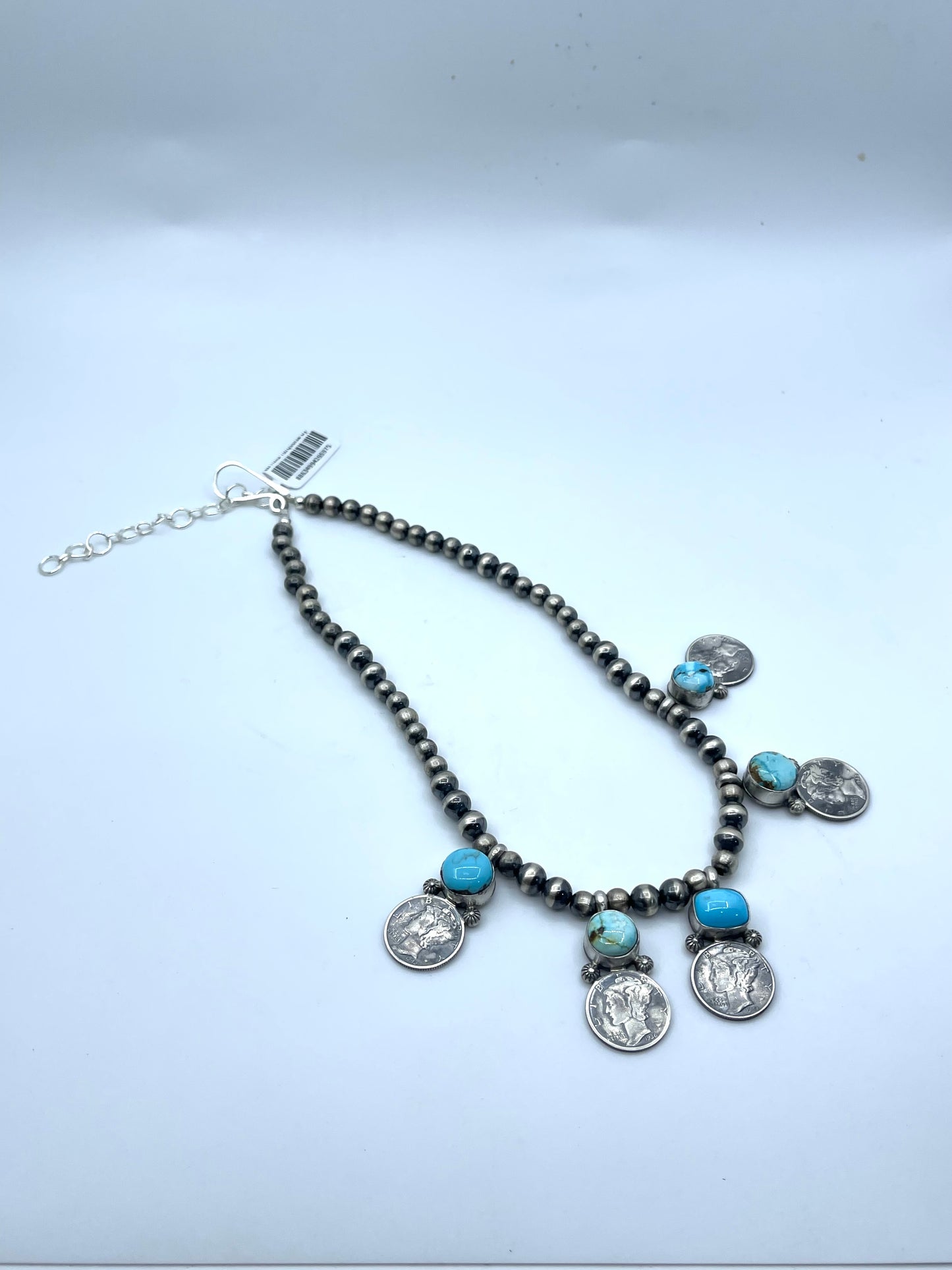 16" + 3" Ext. Silver Mercury Dimes & Golden Hills Turquoise by Jeff Largo, Navajo