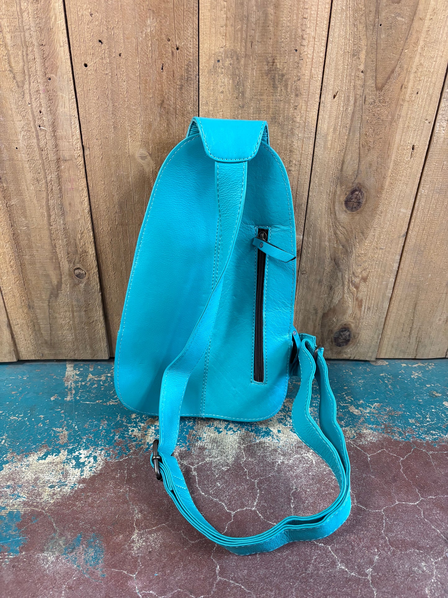 Turquoise Leather Brown And White Cowhide Tooled Sling Bag/Purse
