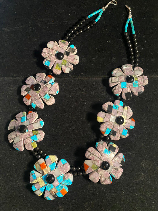 Paper Thin Inlay Lapidary Flower Necklace by Charles Bird