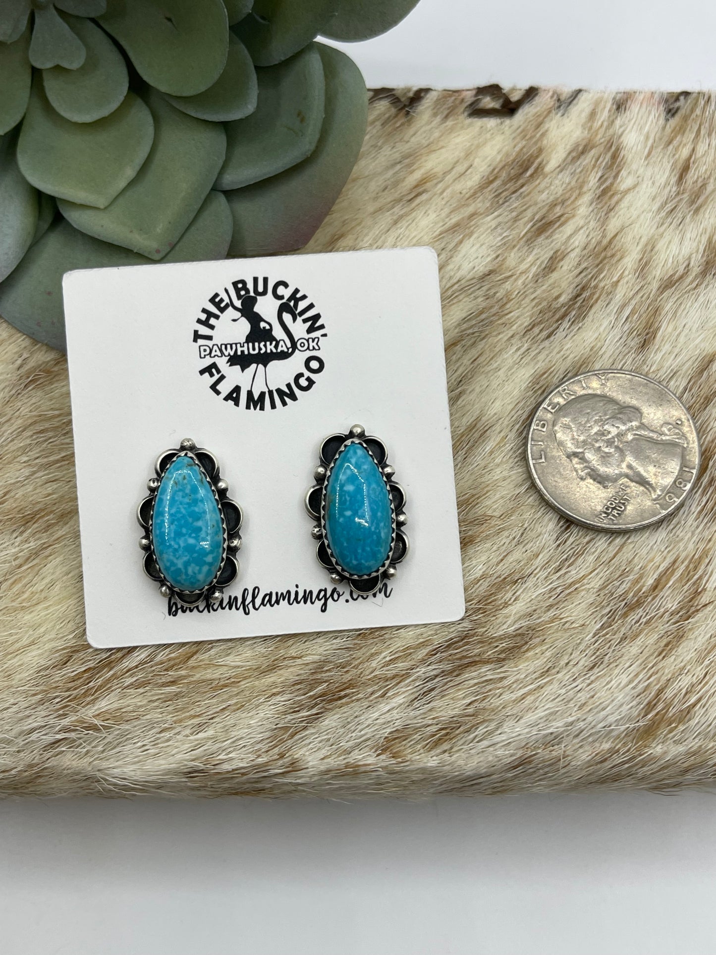 Kingman Turquoise Teardrop Post Earrings by Freda Martinez, Navajo