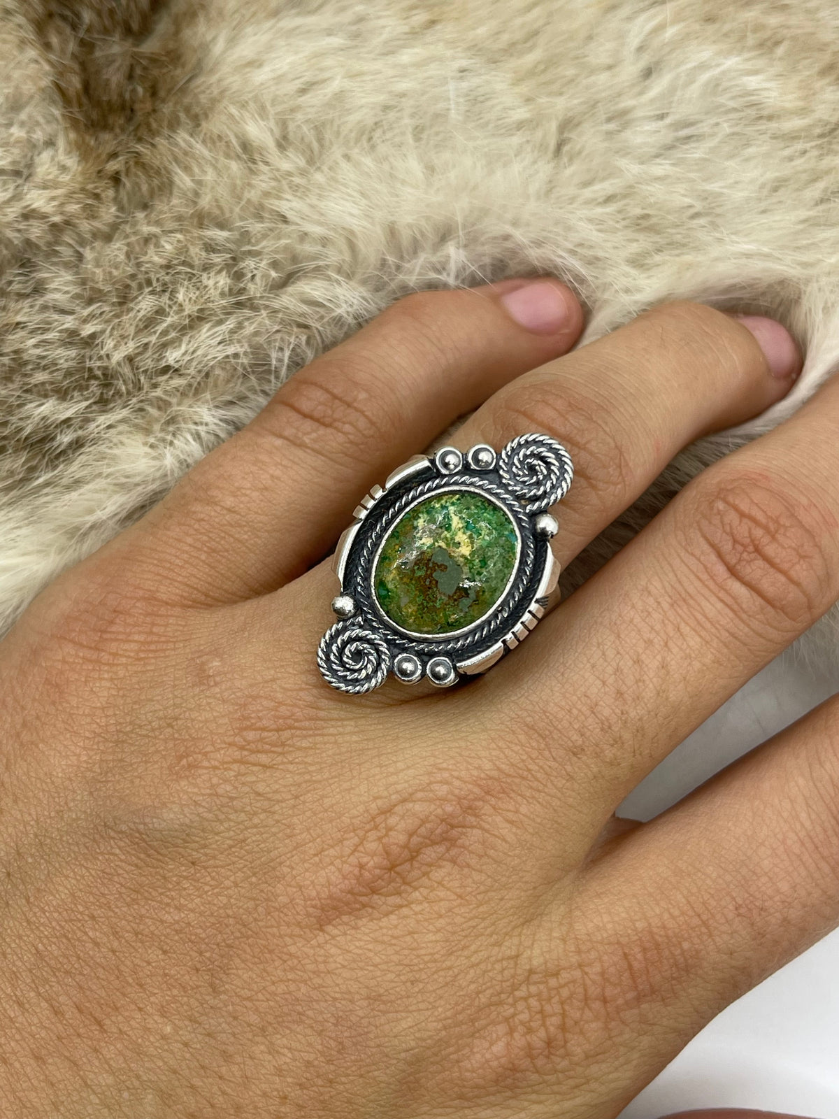 8.0 Sonoran Gold Turquoise Ring with Spiral by Marita Benally, Navajo