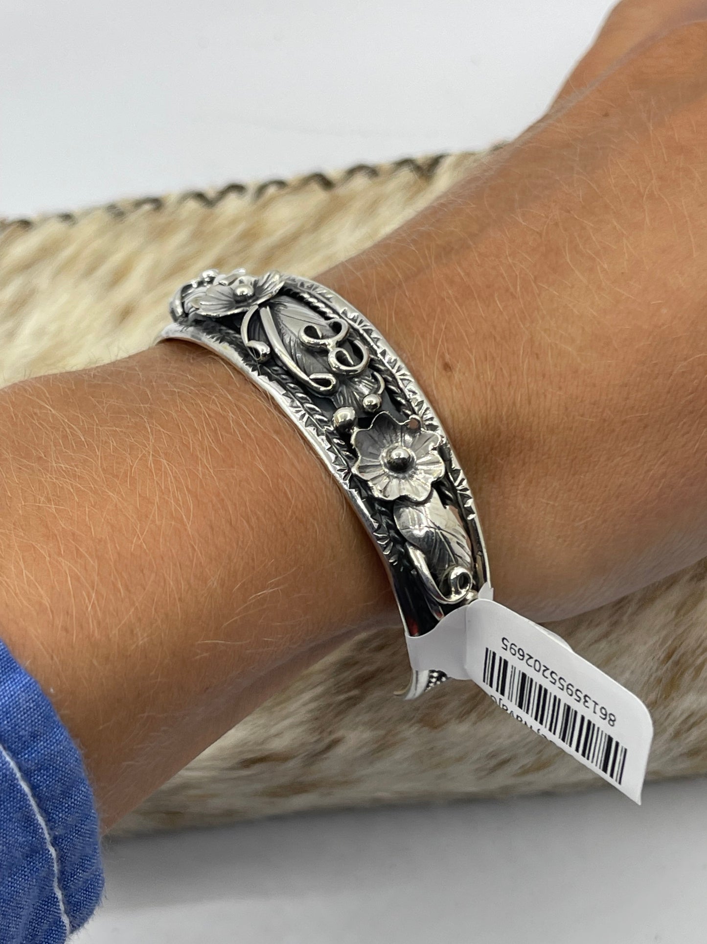 5 3/4"-7" Sterling Silver Floral Cuff by Bessie Joe, Navajo