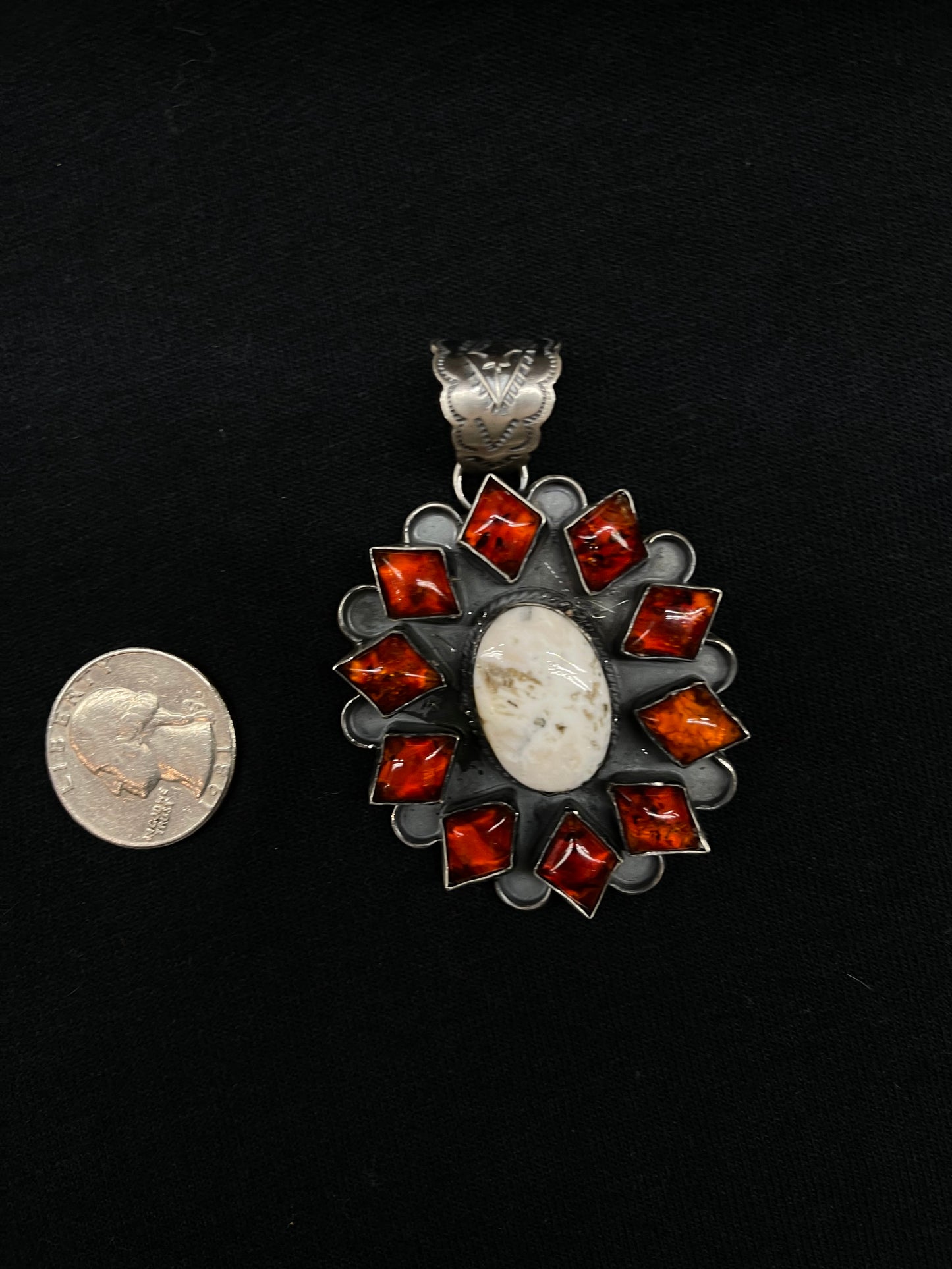 Amber and White Buffalo Pendant with a 10.2mm Bale by T. Nez, Sr., Navajo