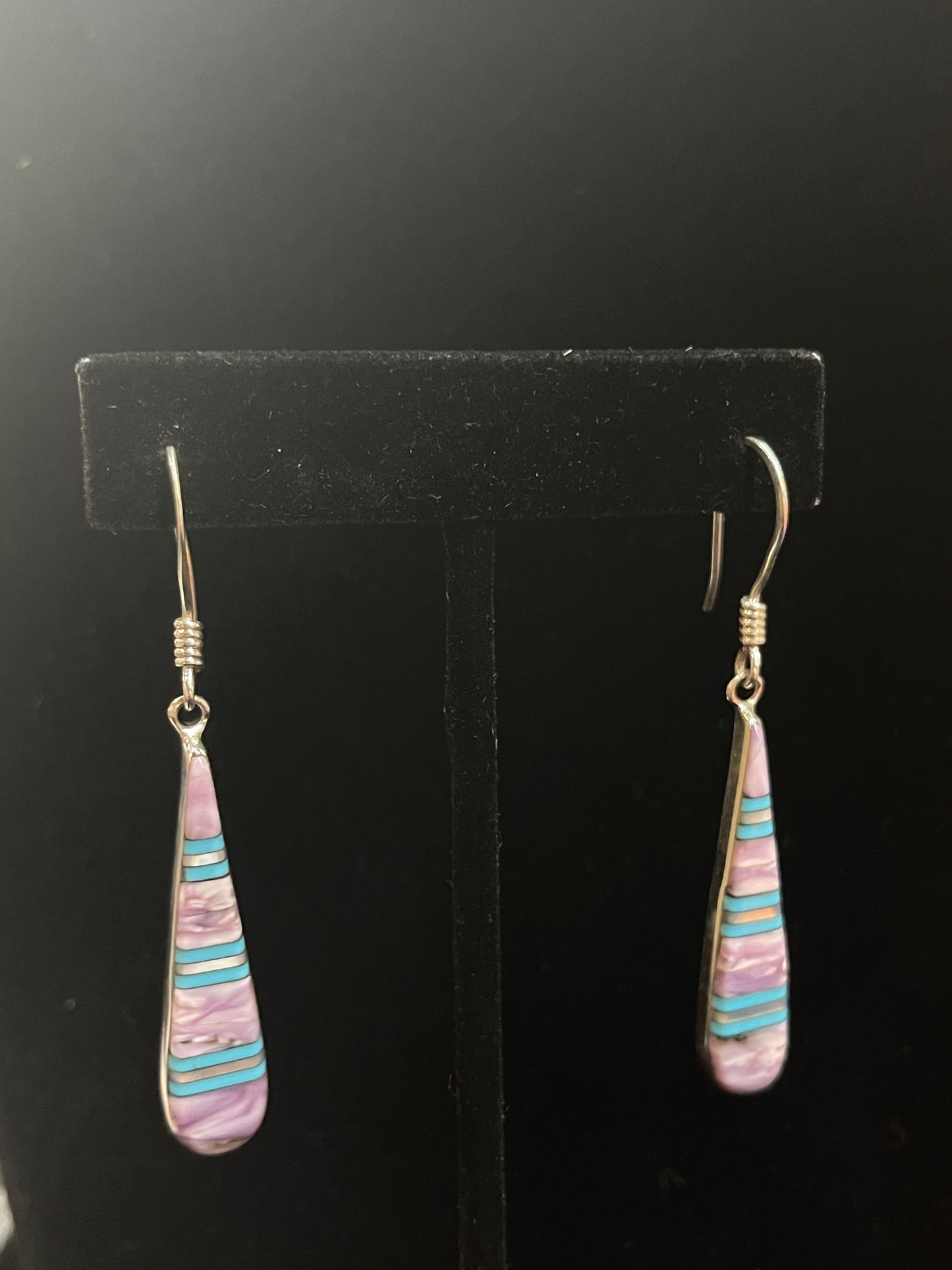 Charoite, Mother of Pearl, and Turquoise Inlay Dangle Earrings
