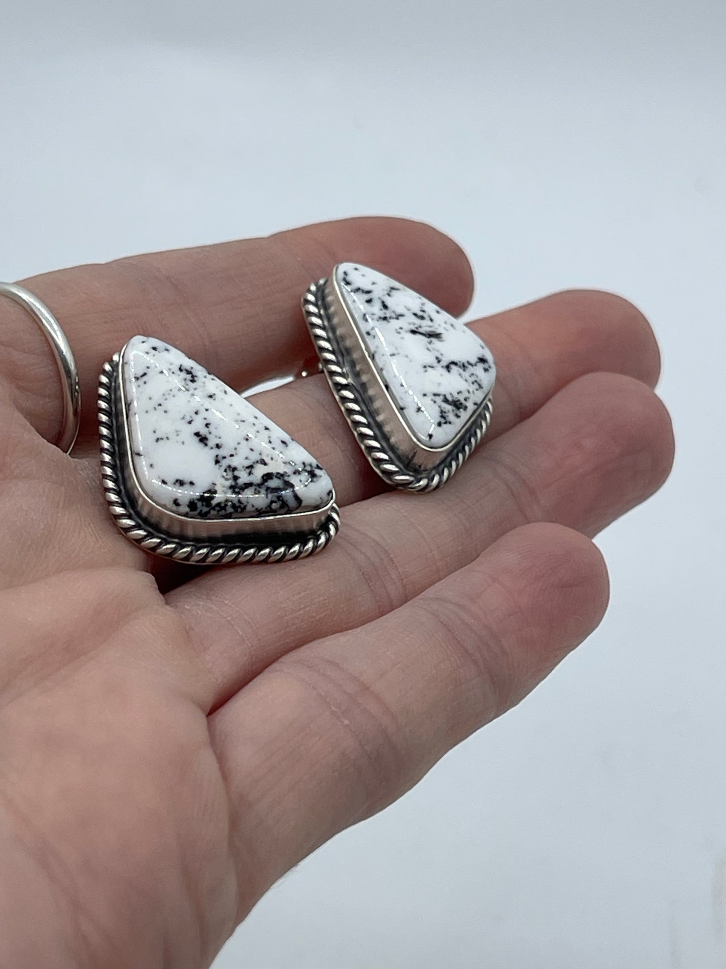 White Buffalo Triangle Post Dangle Earrings by Elouise Kee, Navajo