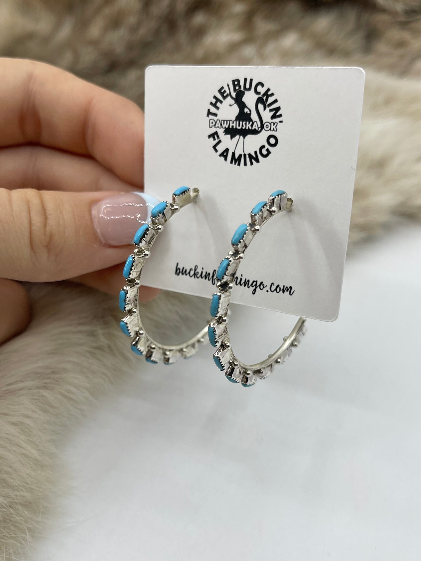 NEEDLEPOINT TURQUOISE HOOP EARRINGS BY ALVIN & AURELIA HAUGHTE, ZUNI