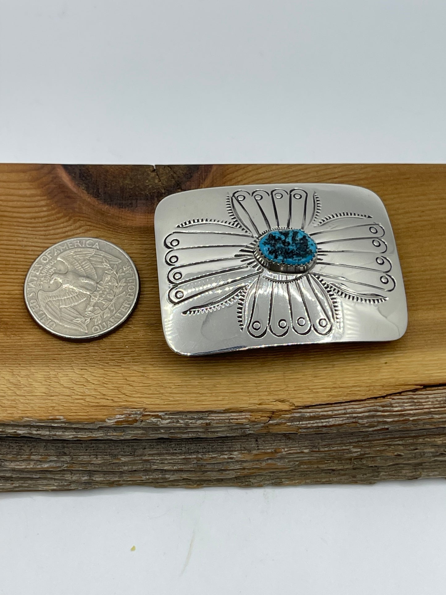 Small Silver Stamped Belt Buckle with Turquoise Stone by Jolene Begay, Navajo