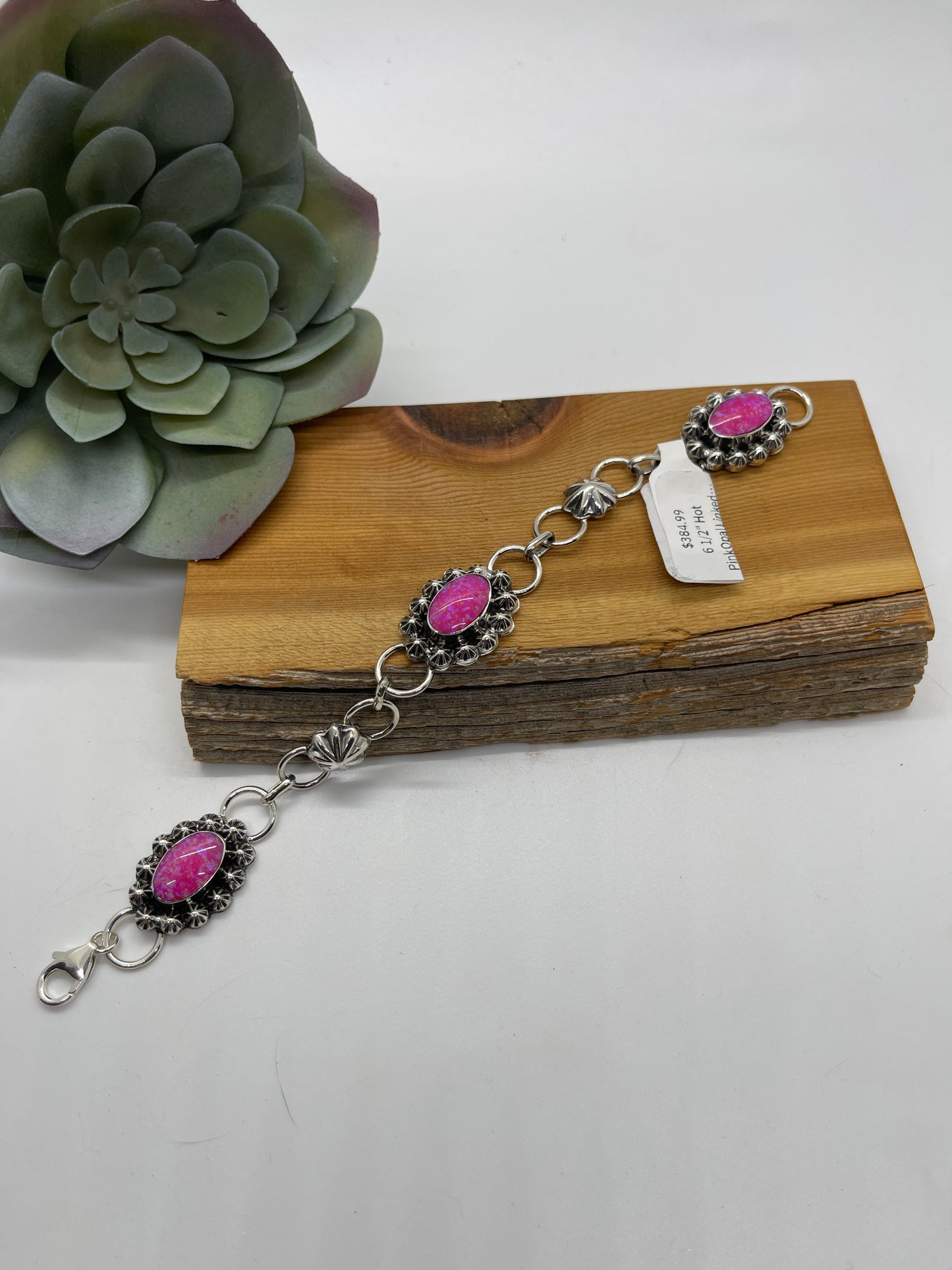 6 1/2" Hot Pink Opal Linked Bracelet by Arlene Lewis, Navajo