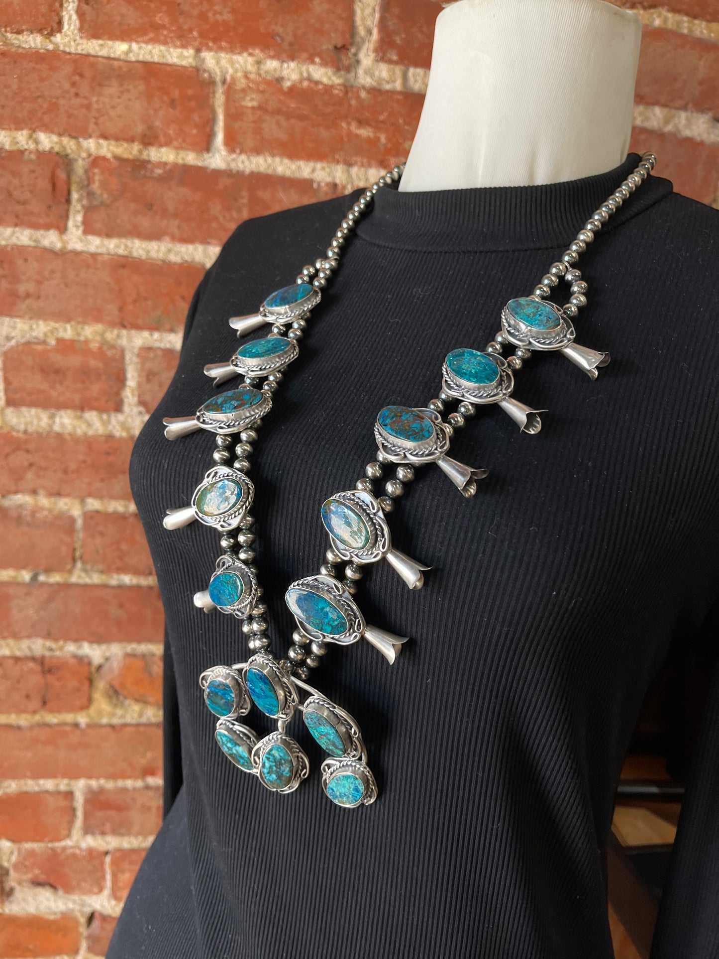 30" Azurite Chrysocolla Squash Blossom by Gilbert Nez, Navajo