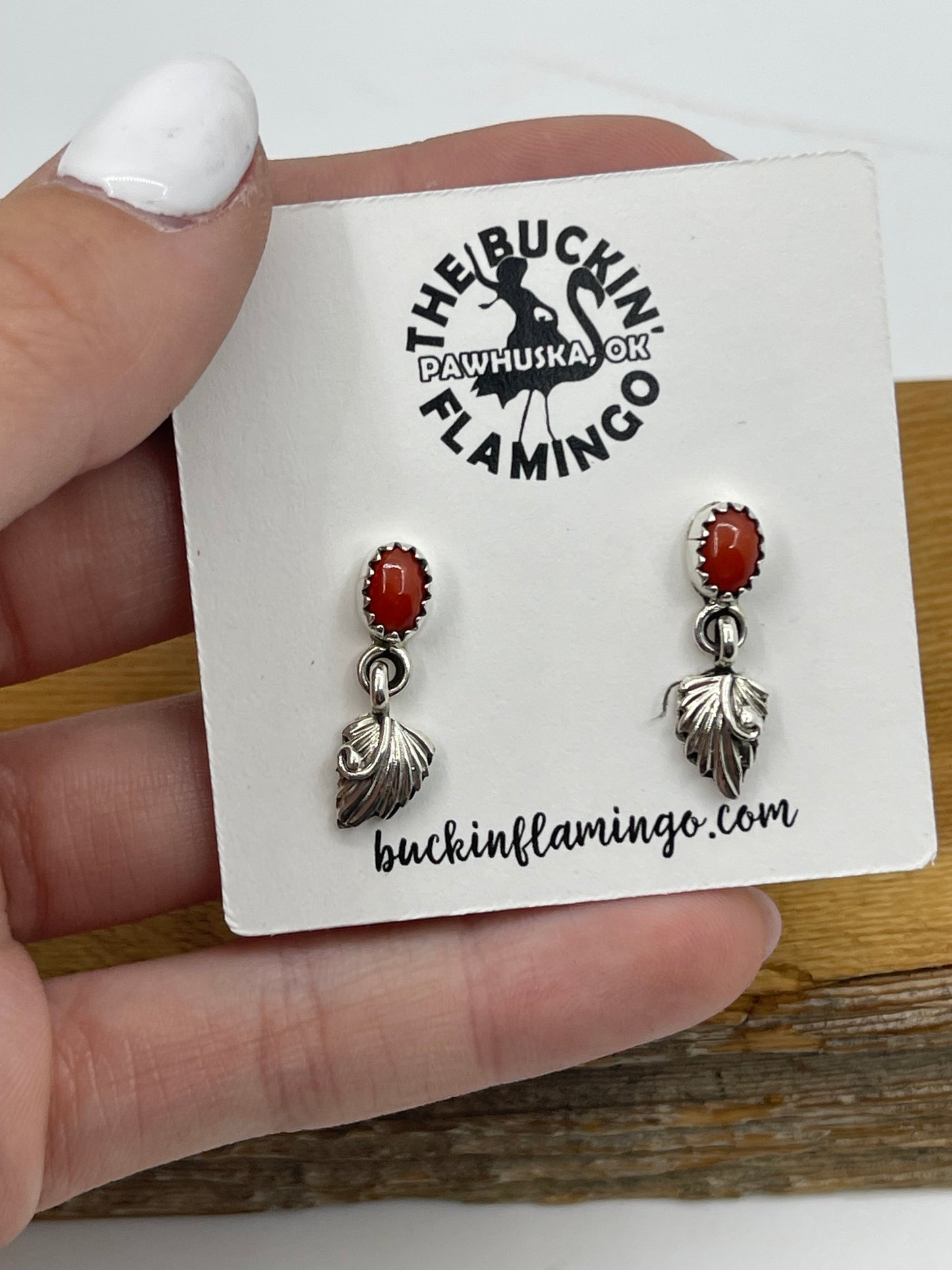 Red Coral Feather Post Dangle Earrings by Rita Largo, Navajo