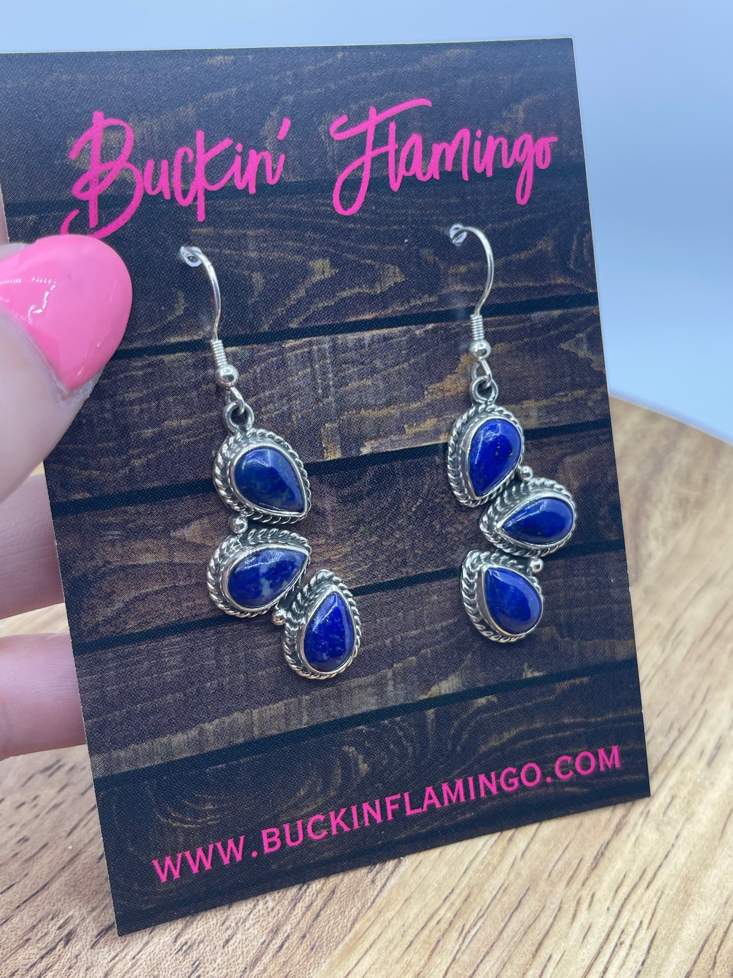 3 Stone Blue Lapis Dangle Earrings