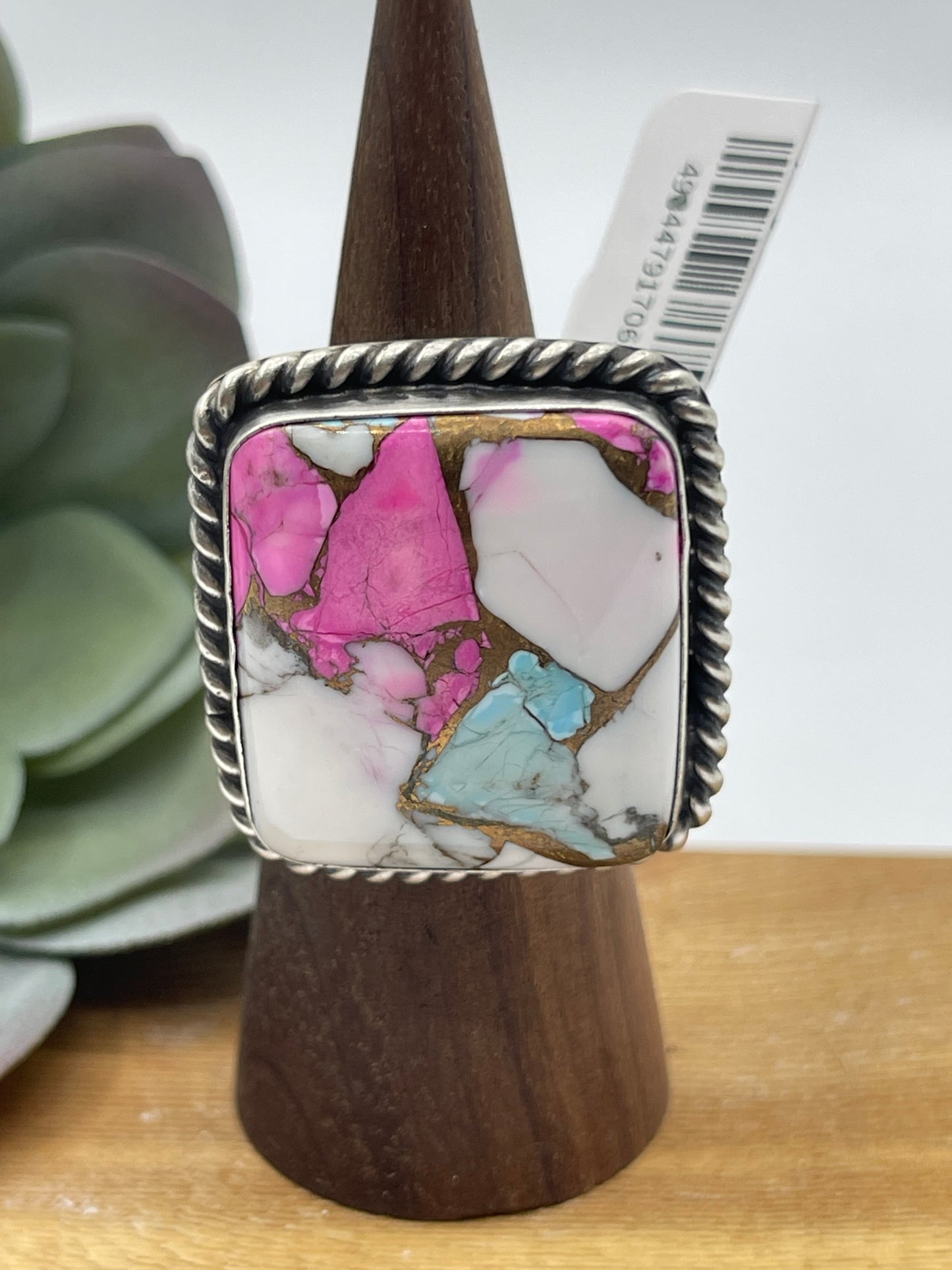 Adjustable Cotton Candy Square Ring by Augustine Largo, Navajo