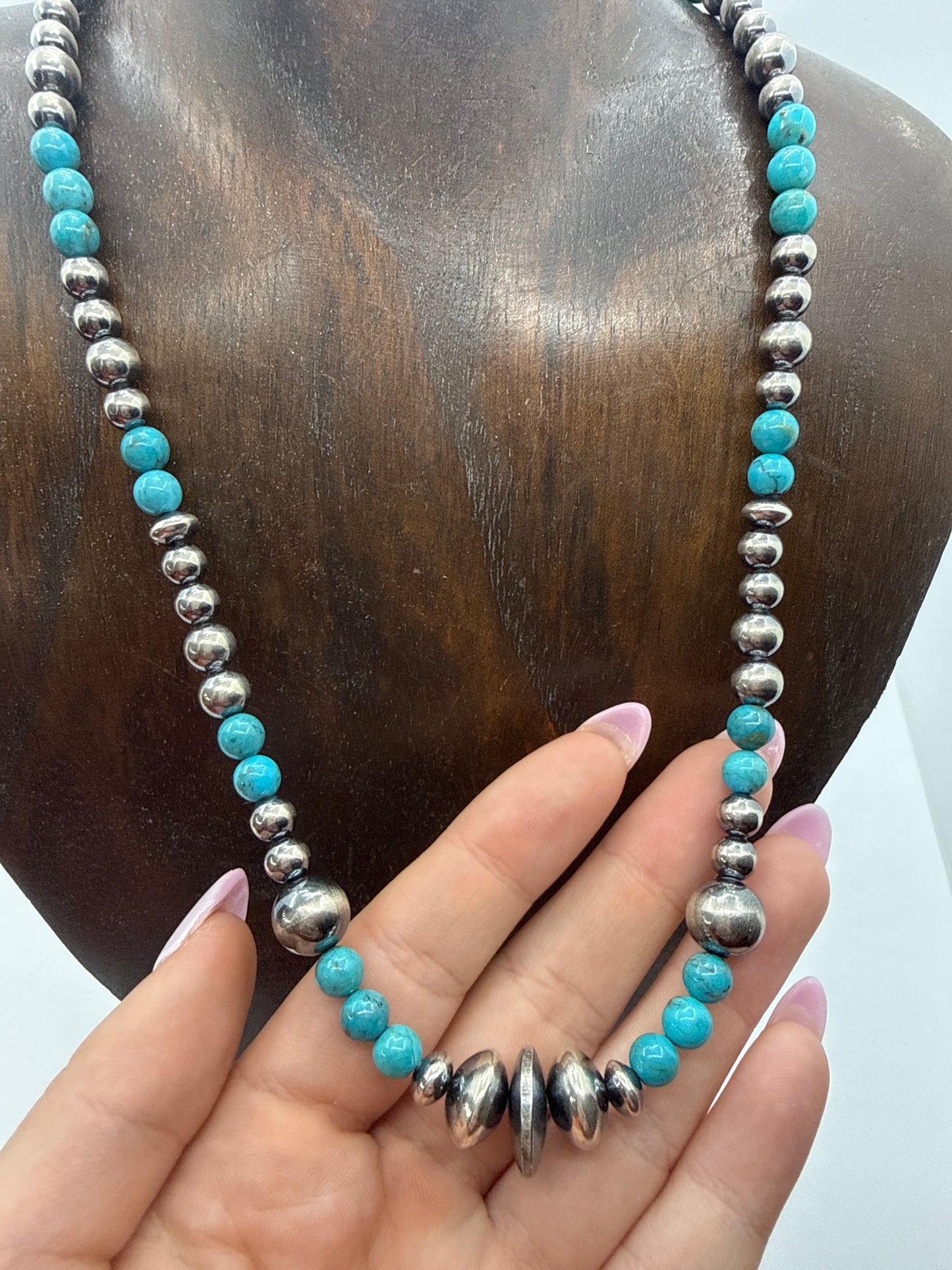 18" 4mm - 14mm Navajo Style Pearls Varied Size with Turquoise