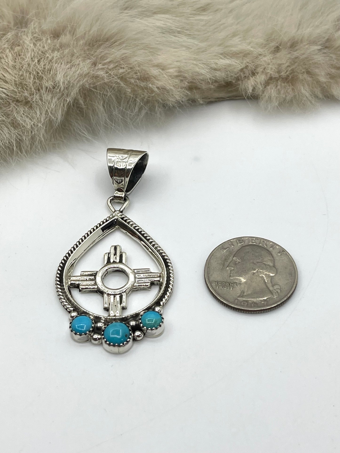9.2mm Bail Zia Symbol Pendant with 3 Turquoise Stones by Jimmy Garcia, Navajo