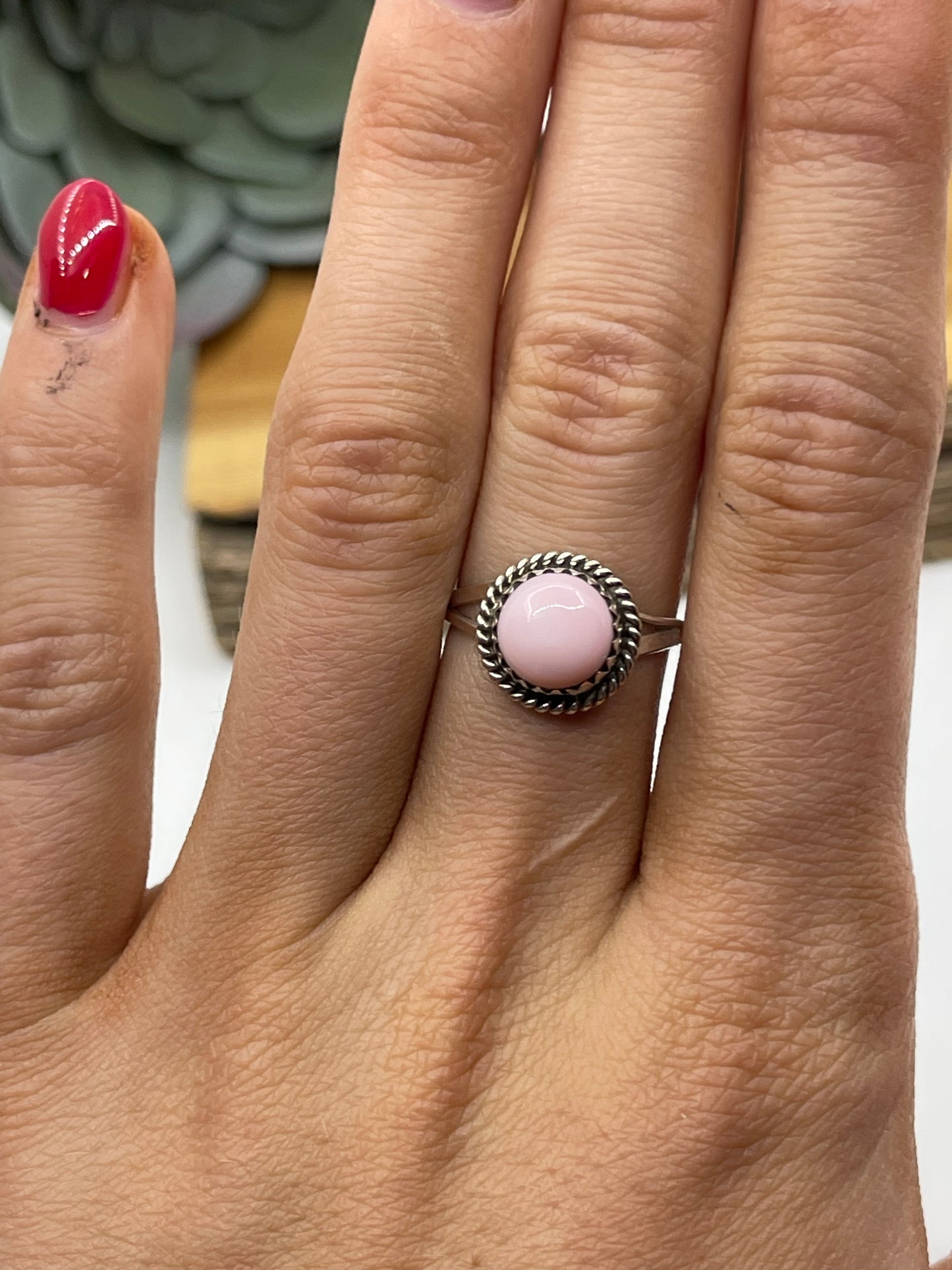 6.0 Pink Conch Shell Circle Ring by Esther White, Navajo