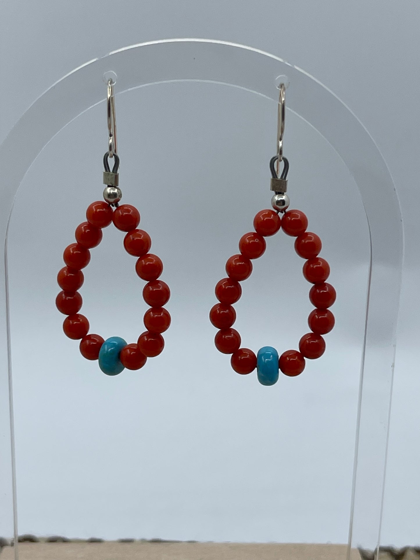 Red Coral and Turquoise Tear Drop Dangle Earrings