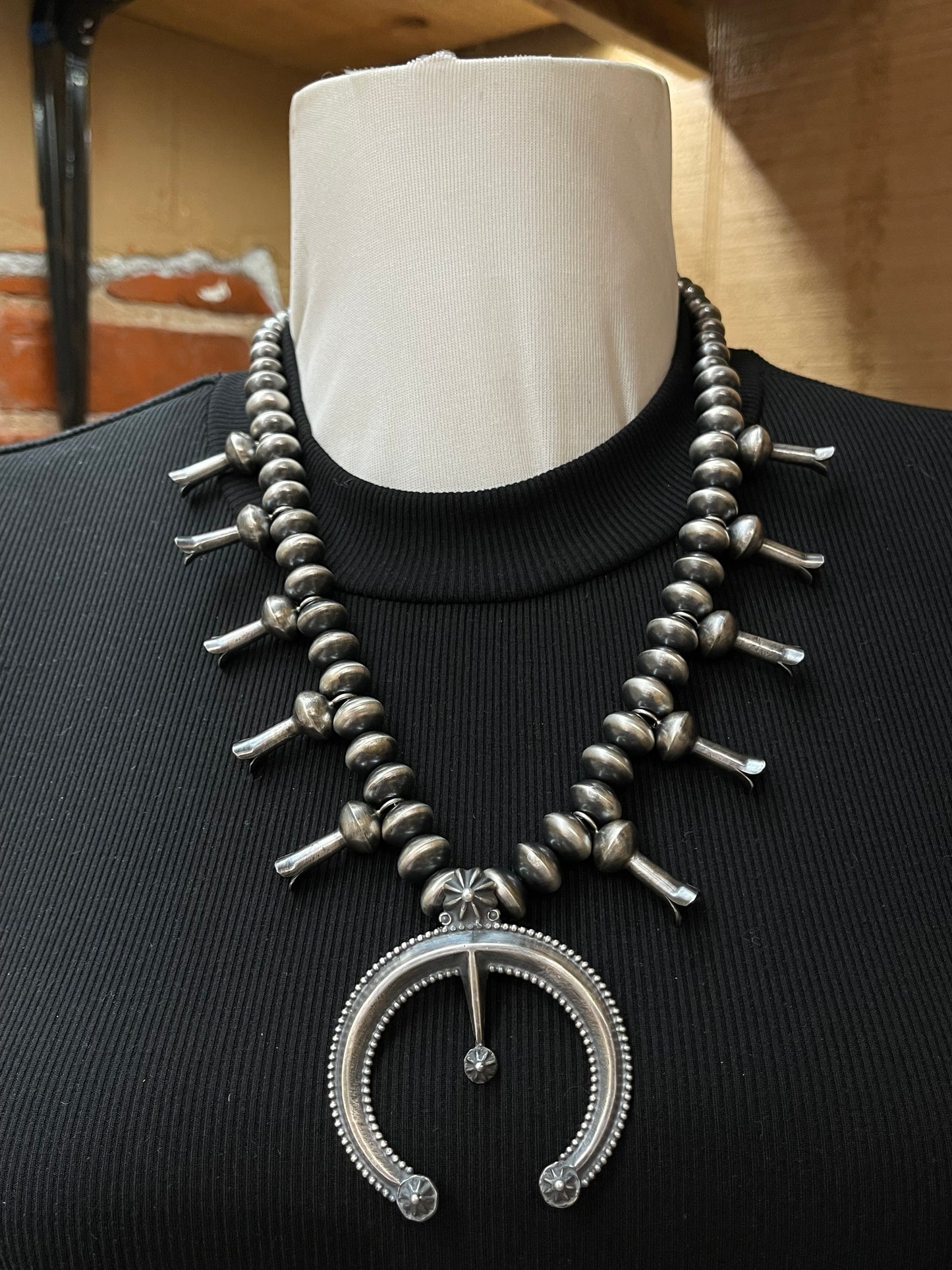 20" Sterling Silver Squash Blossom with 9mm & 12mm Handmade Navajo Pearls by Presley Haley, Navajo