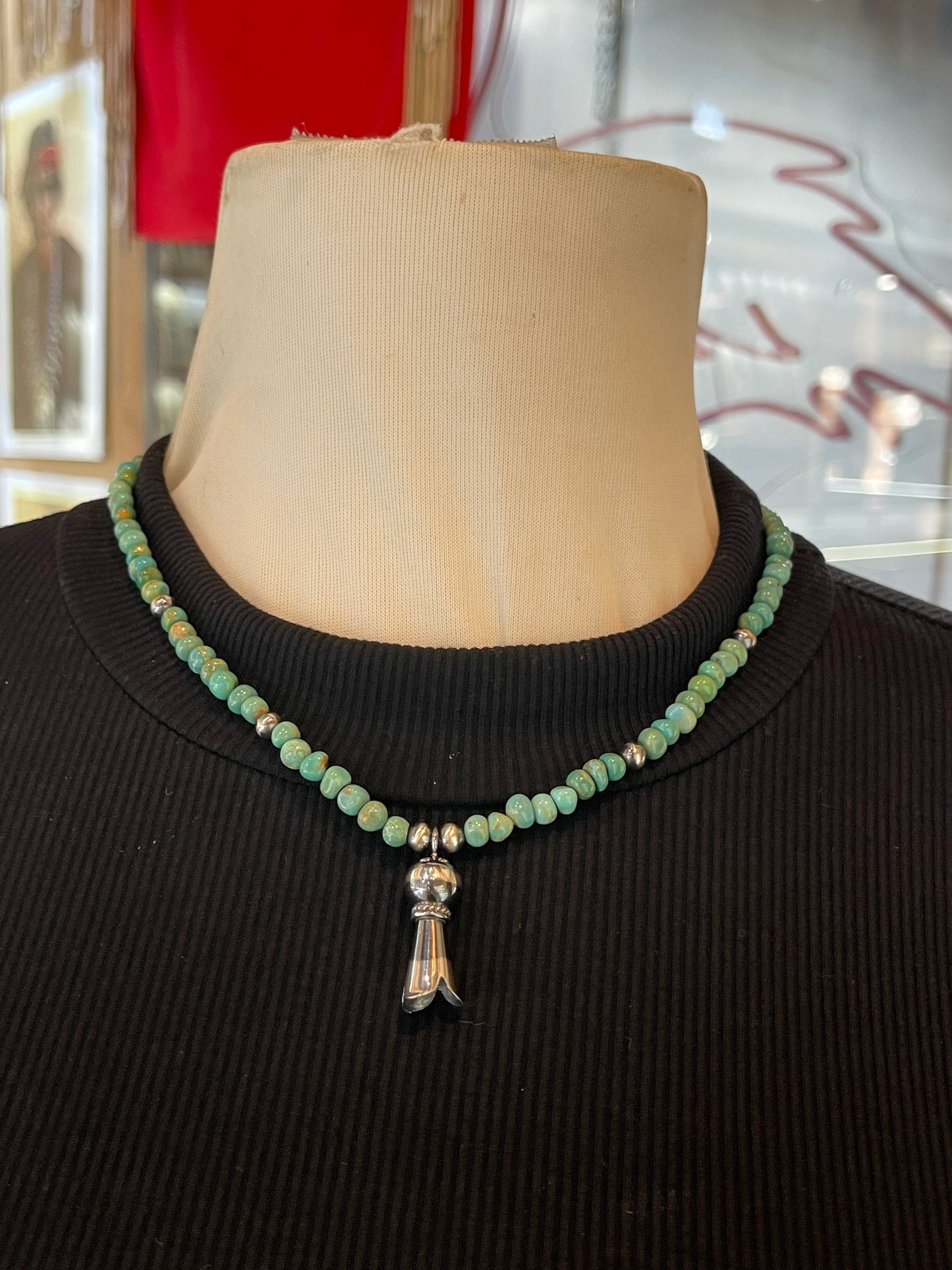 17" Nugget Turquoise Necklace with Silver Blossom
