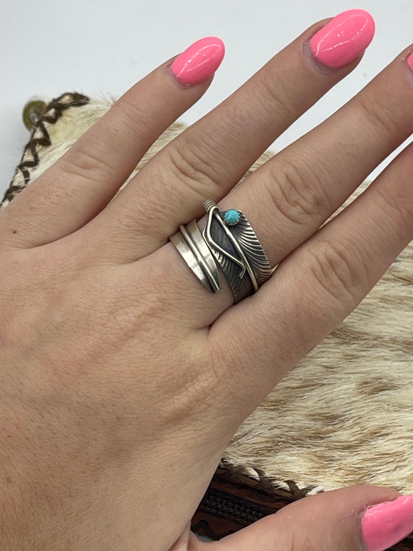 Adjustable Feather Ring with Turquoise by Chris Charley, Navajo