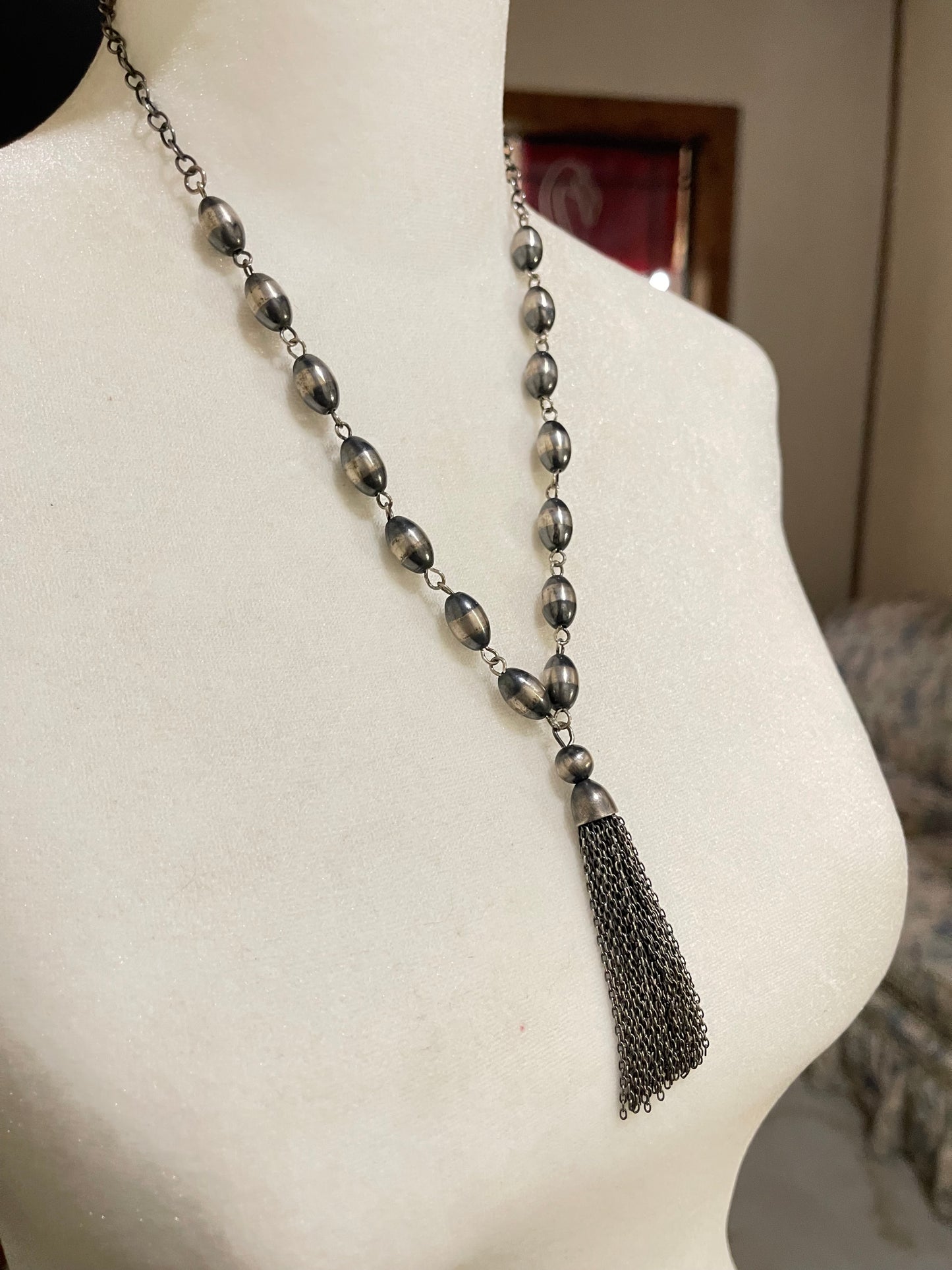 8mm Navajo Pearl and Chain Necklace with Tassel (20” + 3” tassel)