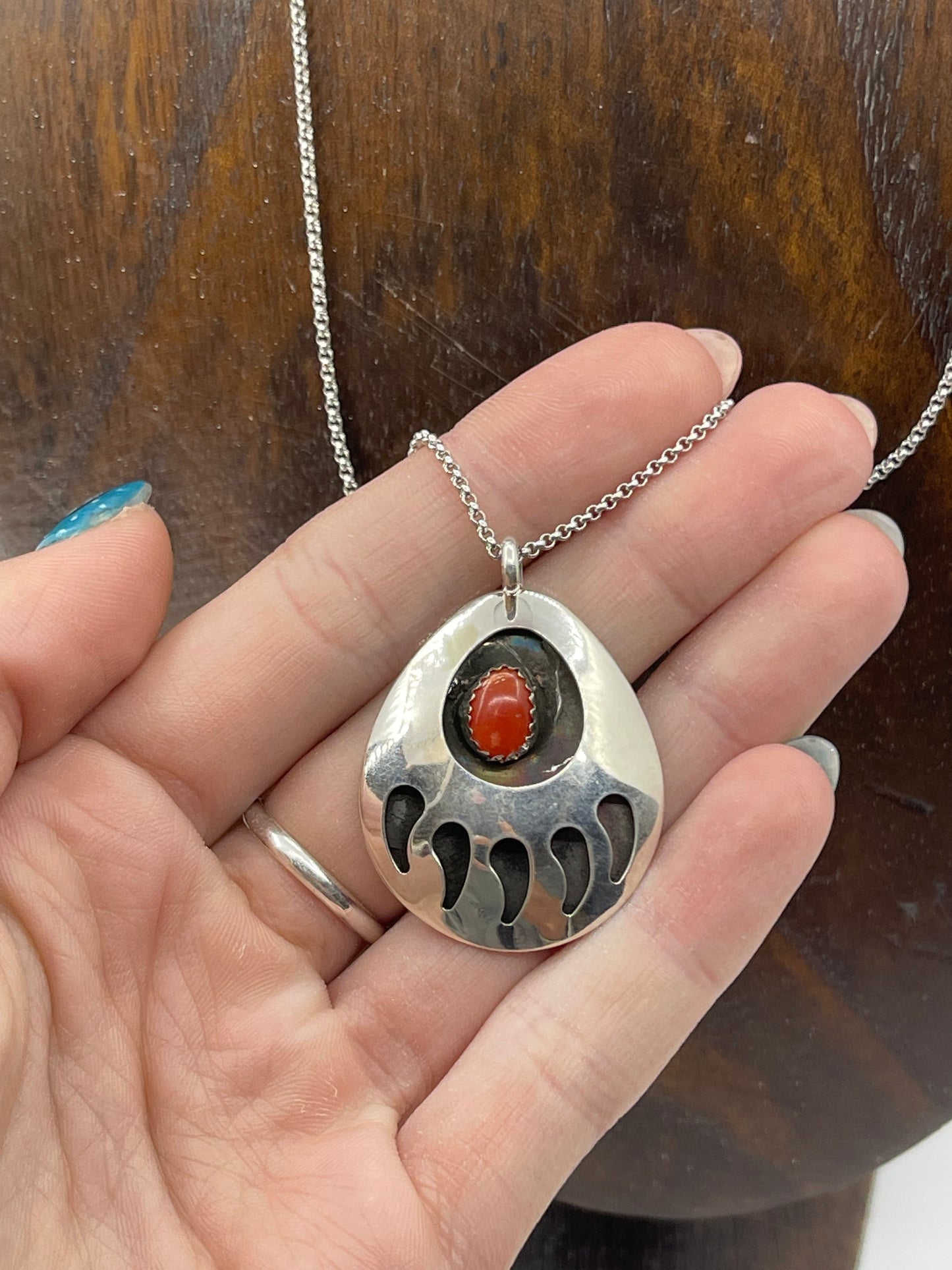 18" Bear Paw Red Coral Shadow Box Pendant Necklace by Virginia Long, Navajo