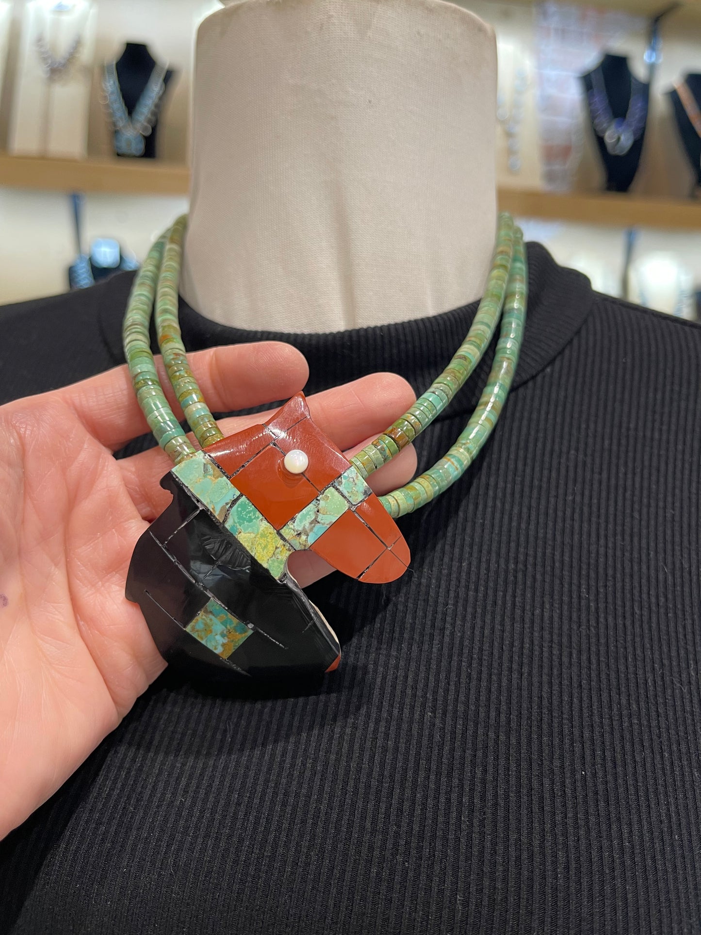 20" Pipestem & Onyx Horse Necklace By Jolene Bird, Santo Domingo