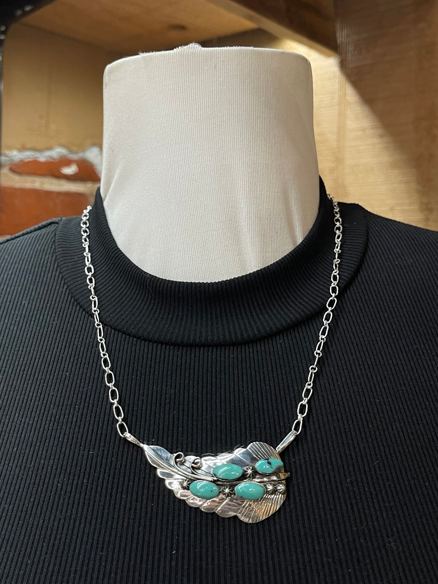 19" Feather Necklace with Turquoise Stones by Jimmy Garcia, Navajo