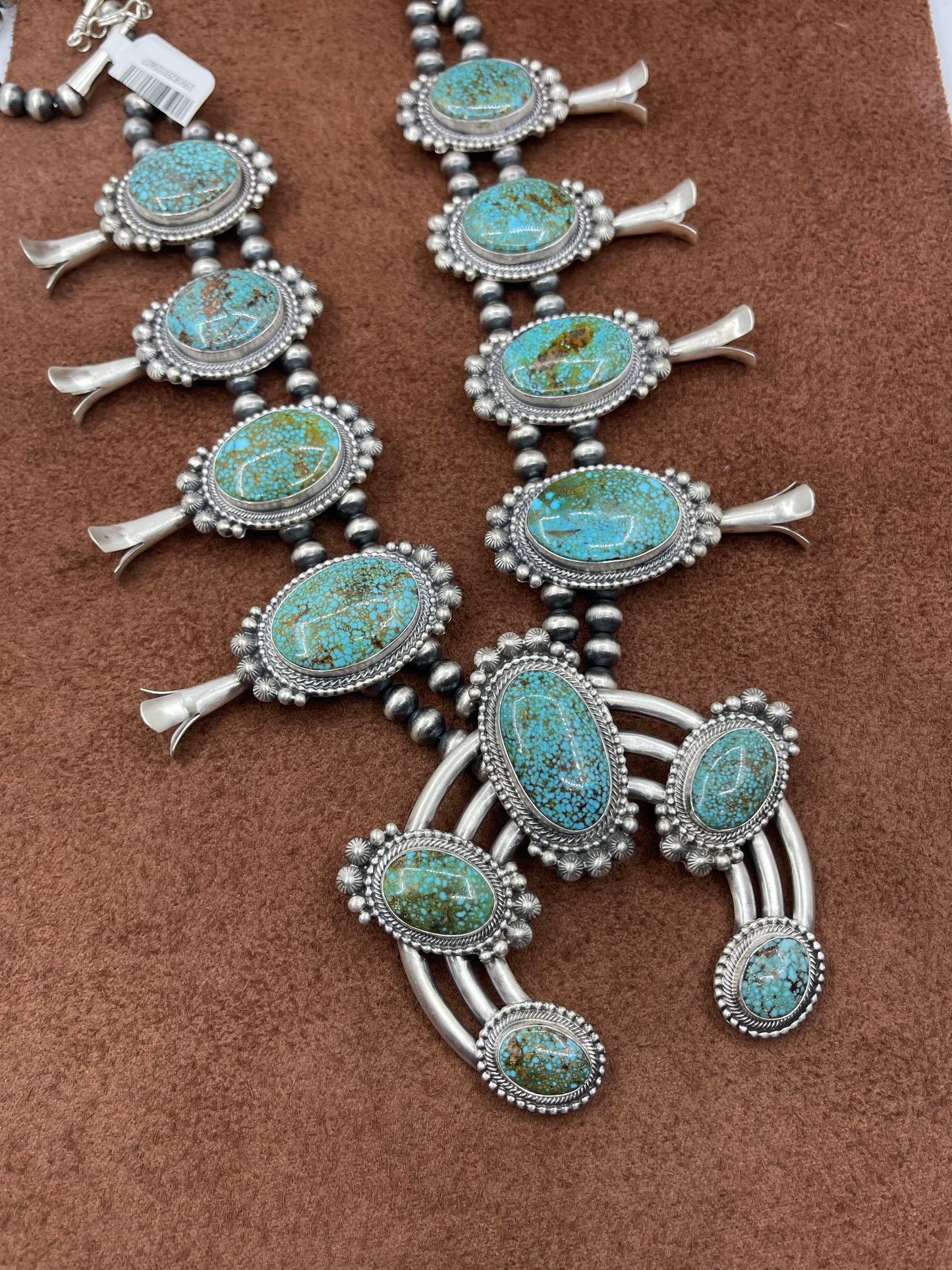 24" High Grade Kingman Web Turquoise Squash Blossom Necklace by Tom Lewis, Navajo