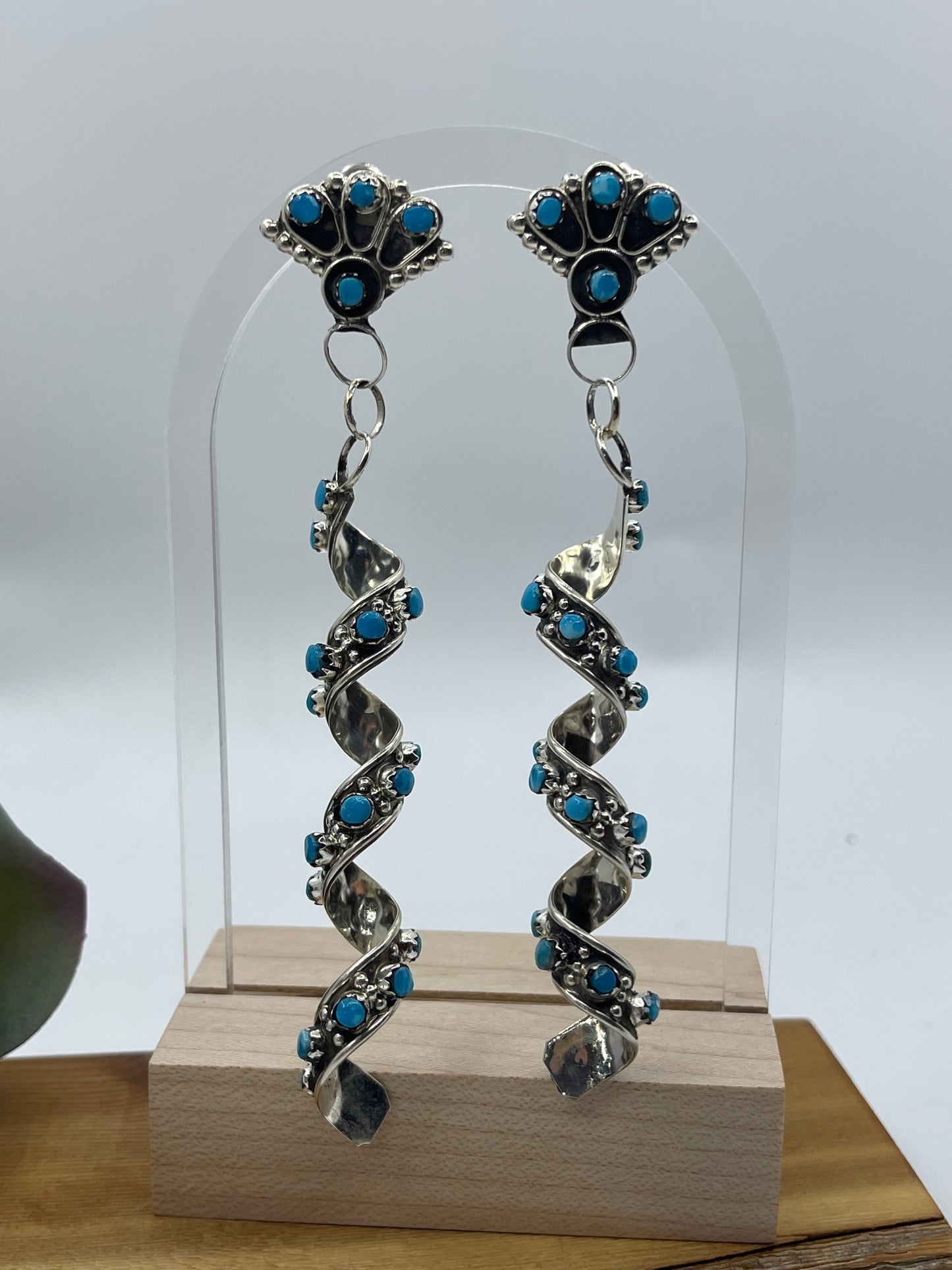 Turquoise Snake Eye Spiral Post Dangle Earrings by Joanne Cheama, Zuni