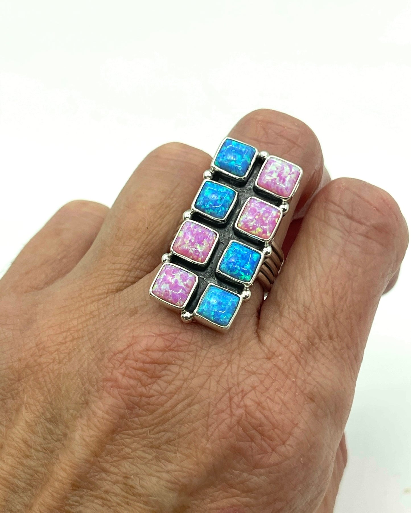 Pink and Blue Opal Checkered Ring