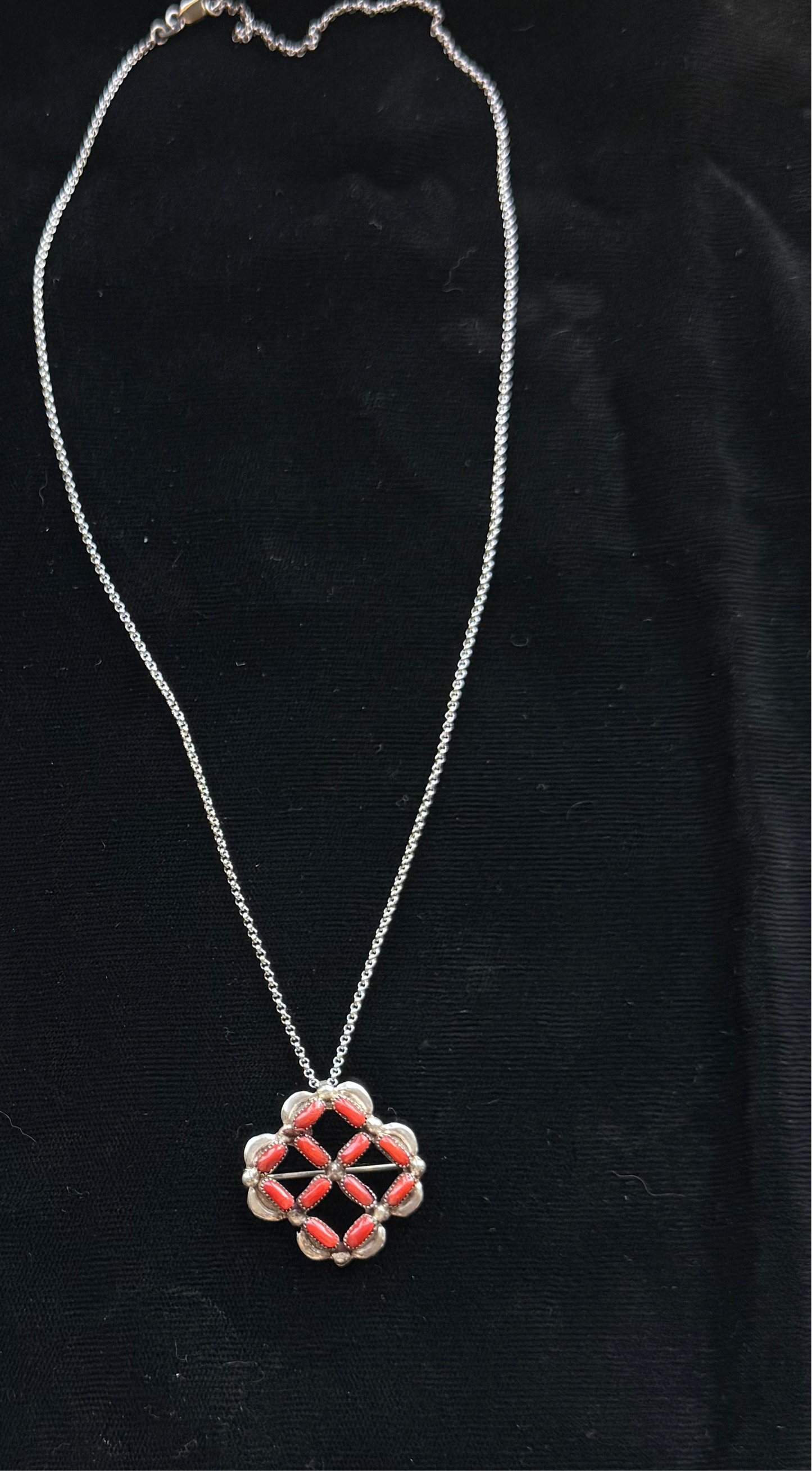 18" Red Coral Zuni Pin and Pendant Necklace