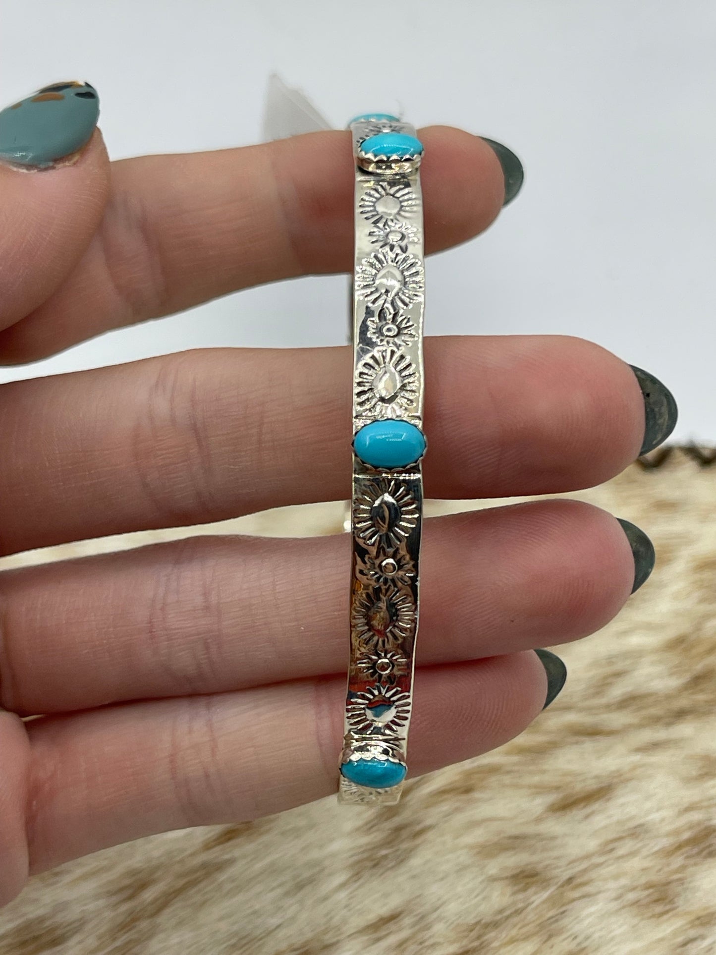 8 1/2" Turquoise Stamped Bangle by Phyllis Smith, Navajo